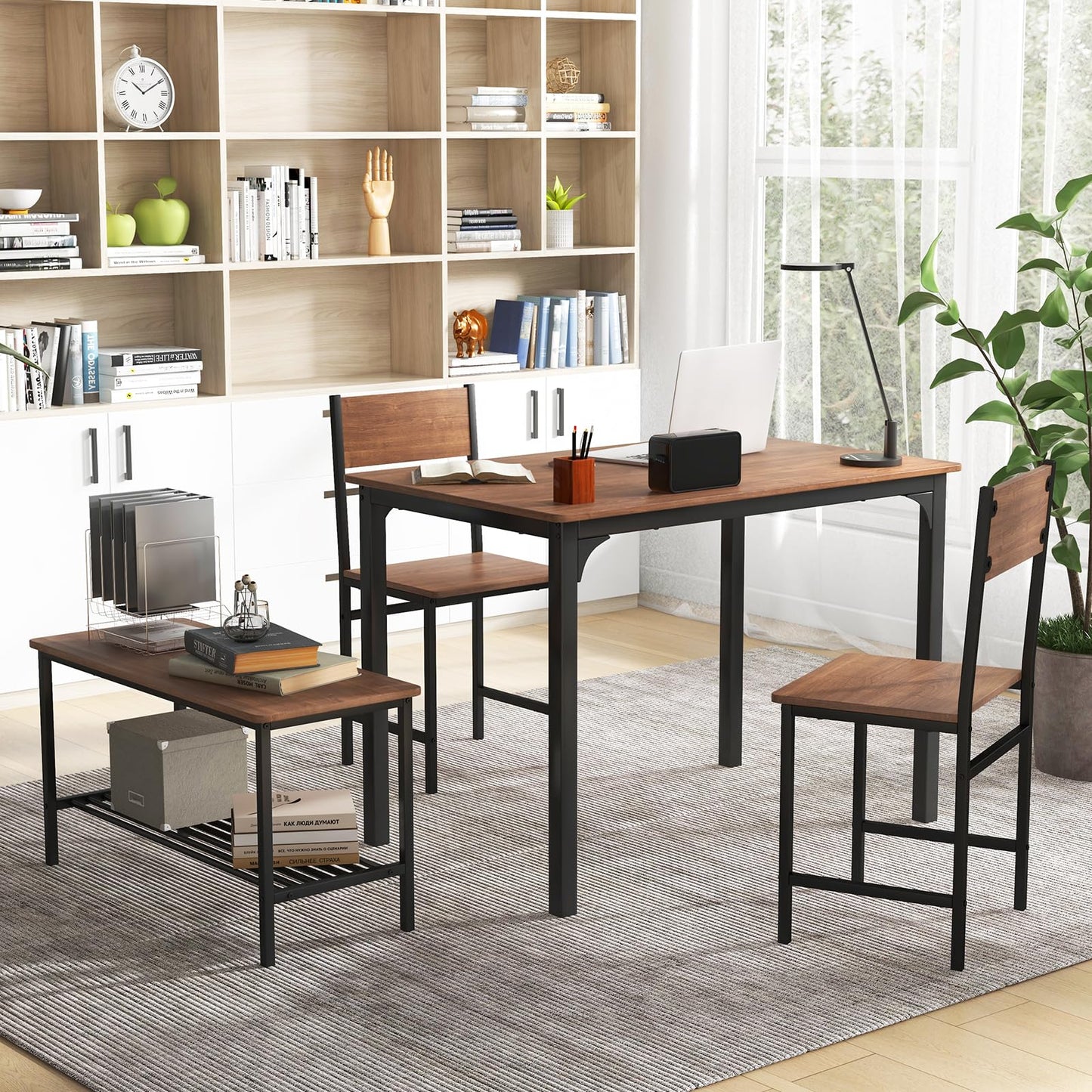 ReunionG Dining Table Set for 4, Modern Dinette with 1 Bench & 2 Chairs, Storage Shelf, 4-Piece Kitchen Table for Small Space, Apartment, Dining Room, Restaurant (Rustic Brown)