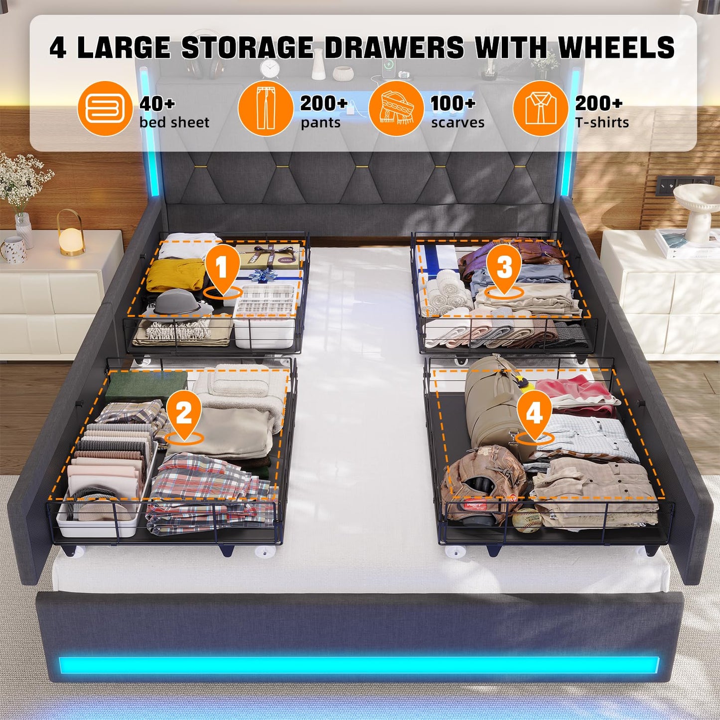 busyaeh Queen Size Bed Frame with 4 Drawers,Light up Bed Frame with Headboard and Storage, Metal Queen Platform Storage Queen Bed with Charging Station, No Box Springs Needed, Easy Assembly,Dark Gray