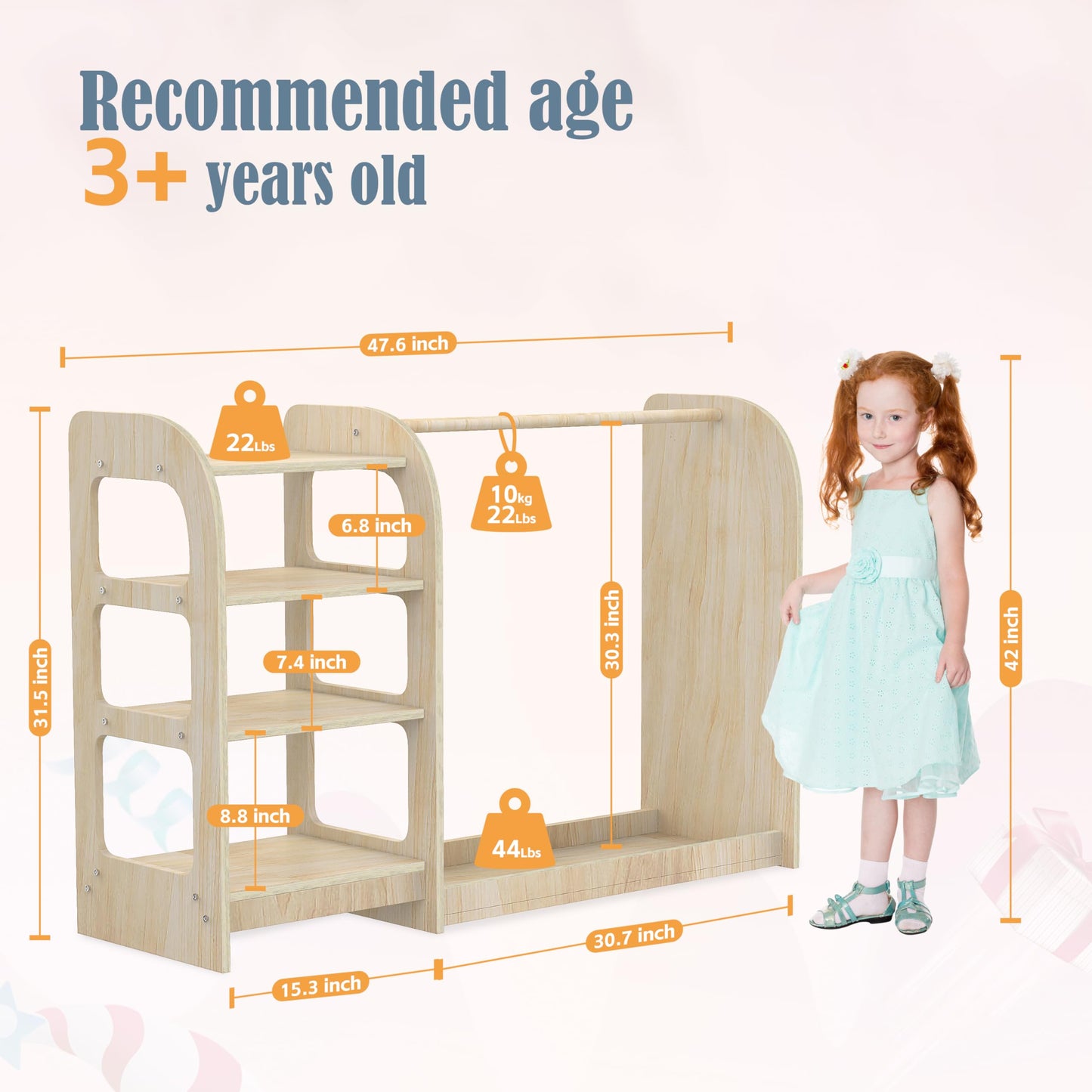 Qifeila Kids Dress Up Storage with Mirror, Wooden Kids Dress Up Rack for Little Girls and Boys, Kid Wardrobe Closet with Storage Shelf