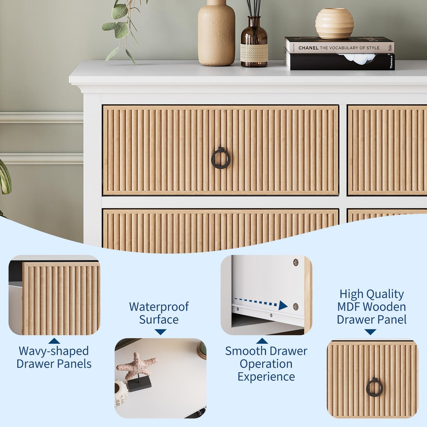 GAOMON 6 Drawer Dressers for Bedroom, Modern Long Dresser Chest with Large Drawer, Waveform Fluted Panel Design, Wooden Chest of Dresser Storage Cabinet Organizer, Antique Profile, Anti-Tipping