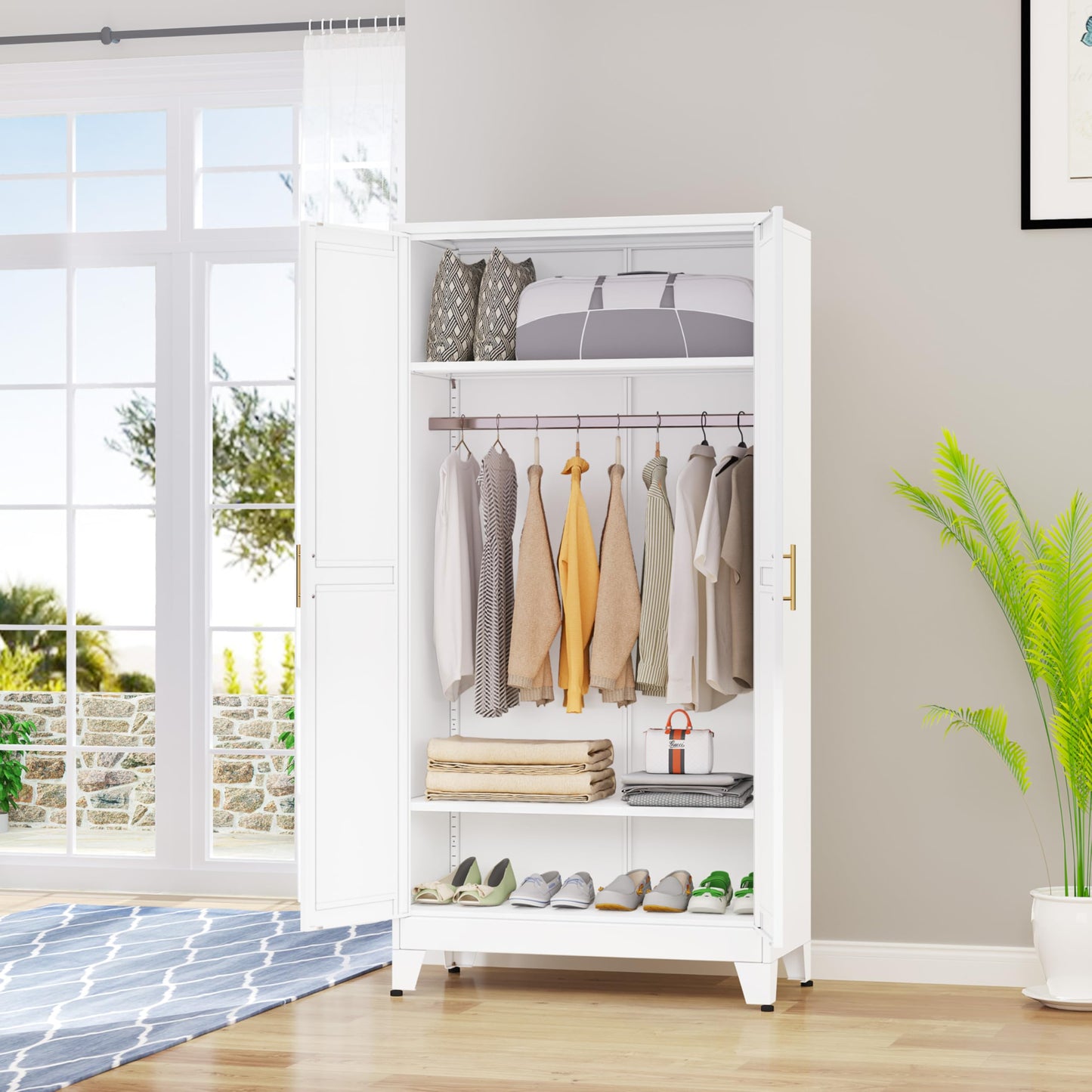 GAIOUS Metal Wardrobe Cabinet with Hanging Rod, 71" Metal Clothing Storage Cabinets with 2 Doors and Adjustable Shelves, White Armoire Wardrobe Closet for Bedroom, Laundry Room, Cloak Room
