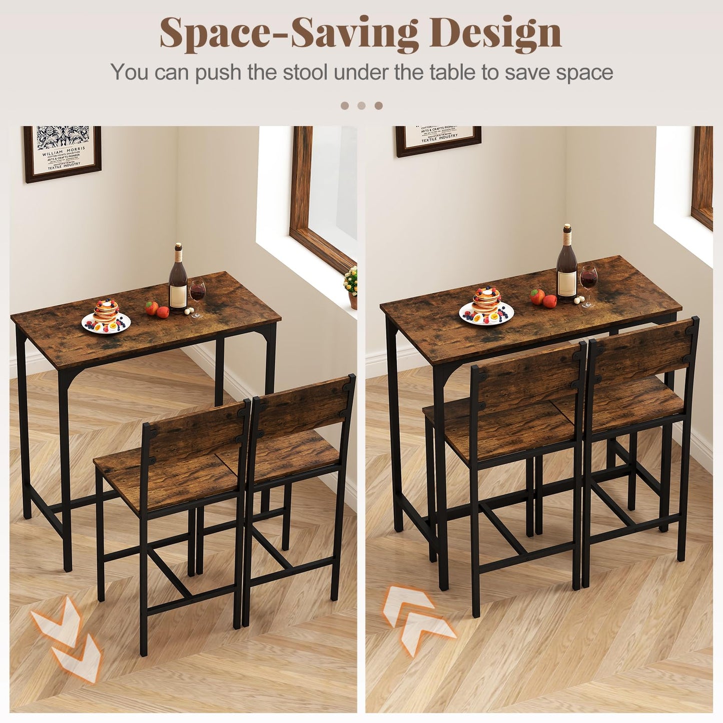 Tangkula 3 Piece Counter Height Bar Table Set, Pub Table and Chairs Set of 2, High Top Console Table with Stools for 2, Space-Saving Dinette Set for Breakfast Nook (Rustic Brown)