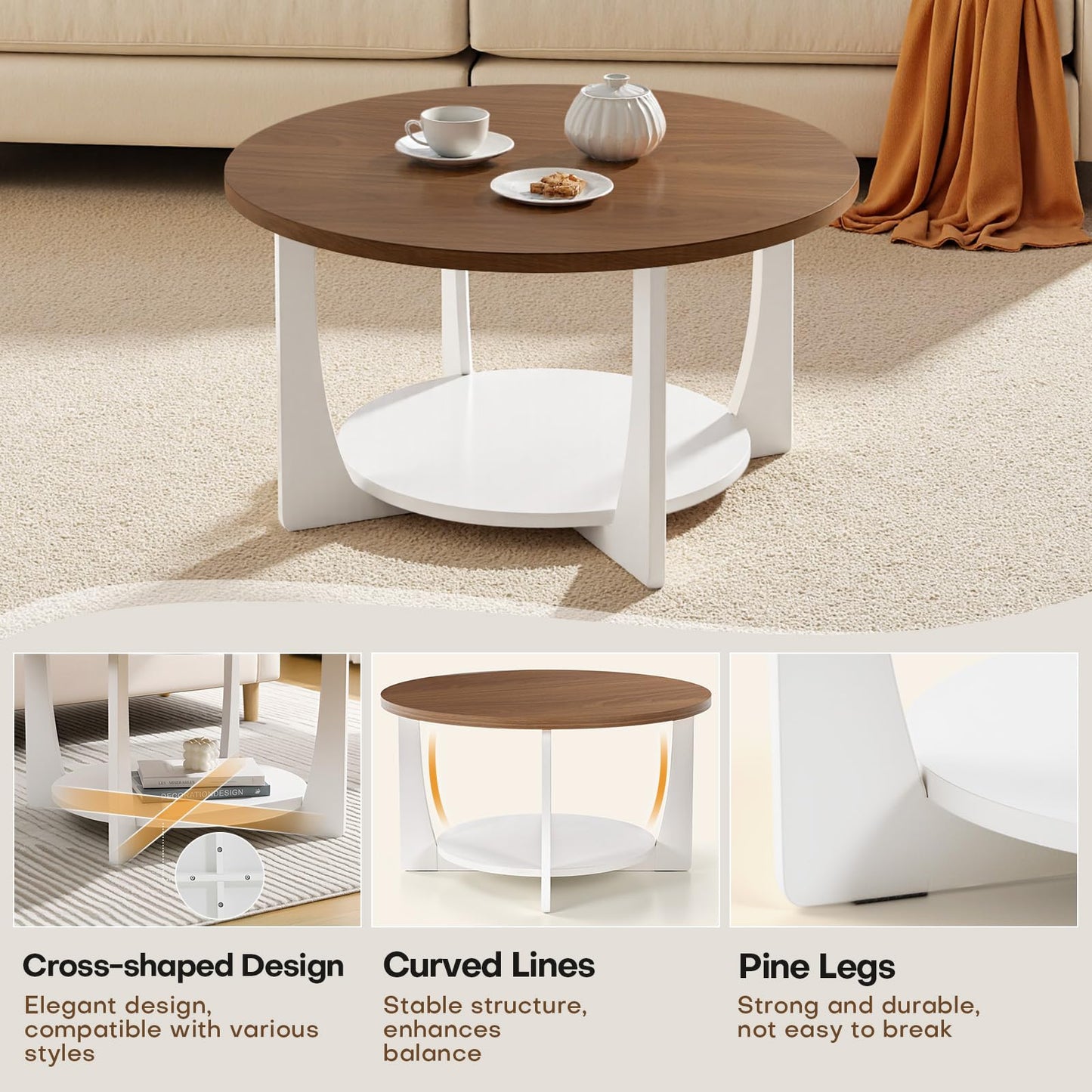 BECHAEO 31.5'' Round Coffee Table with Solid Wood Pine Legs, 2-Tier Rustic Round Coffee Table with Storage Shelf, Modern Wood Circle Coffee Table Farmhouse Center Table for Living Room, Walnut White