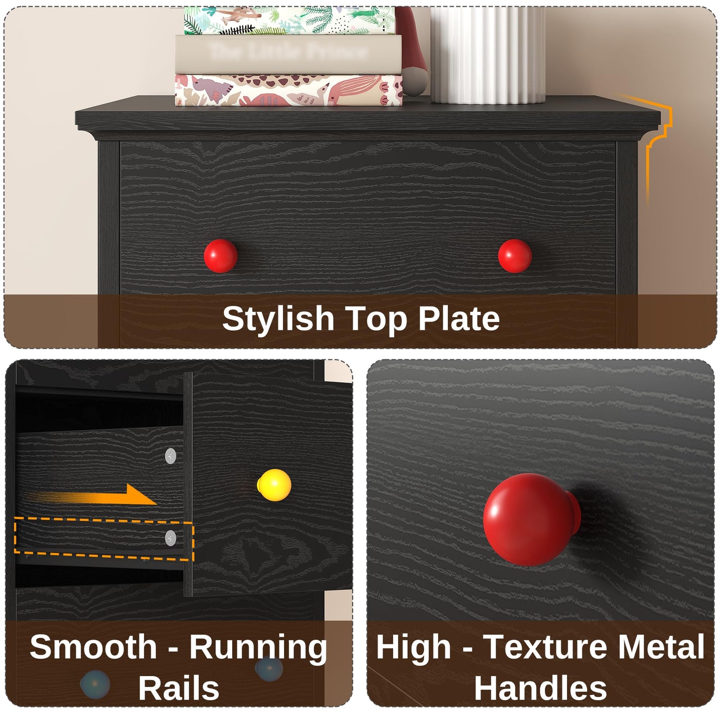 LIKIMIO Tall Skinny Dresser, 6 Drawer Dresser Tall with Colorful Handles, Chest of Drawers for Bedroom, 51.5" H Modern Wooden Storage Cabinet with Metal Sliding Rail, Black