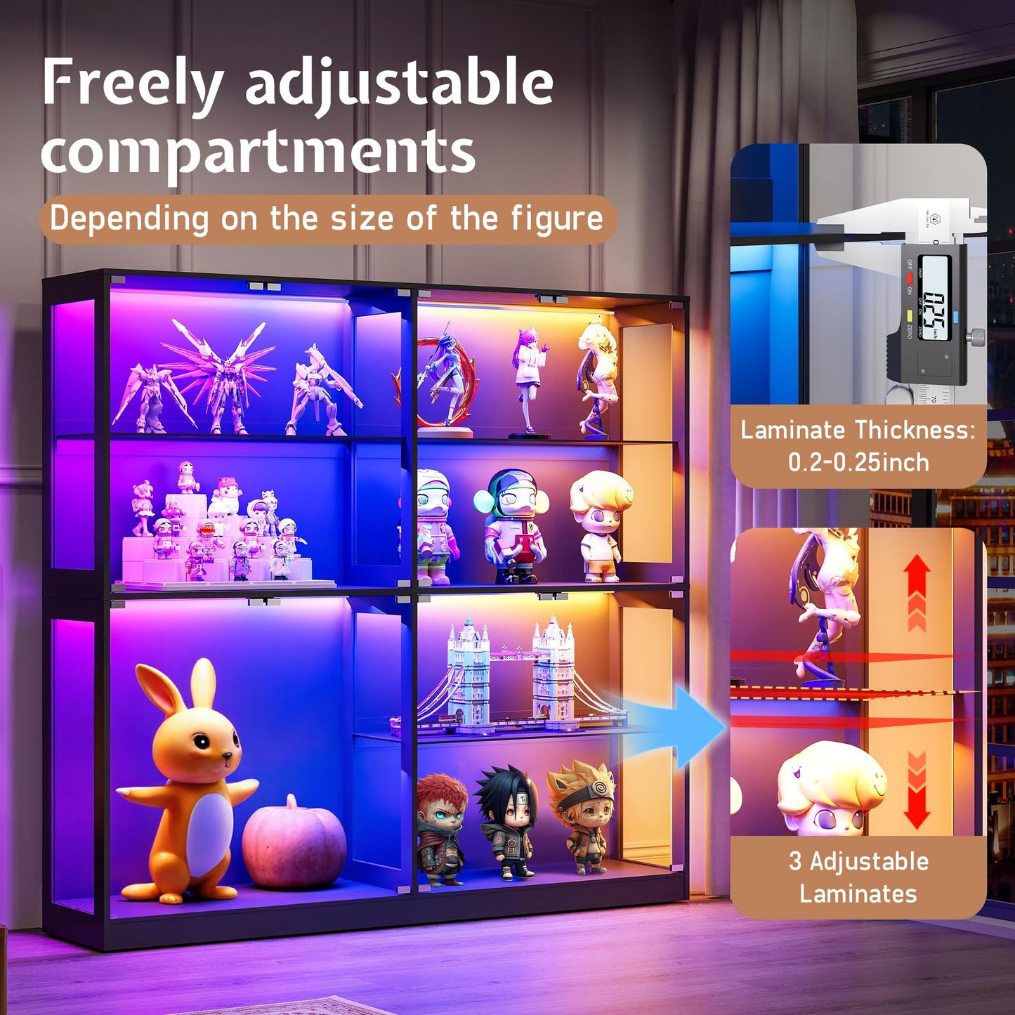 Jocisland 18x14 Inch Display Cabinet with RGB Lights, 4-Tier Storage Display Case for Collectibles, Adjustable Shelves, MDF and Tempered Glass, Black