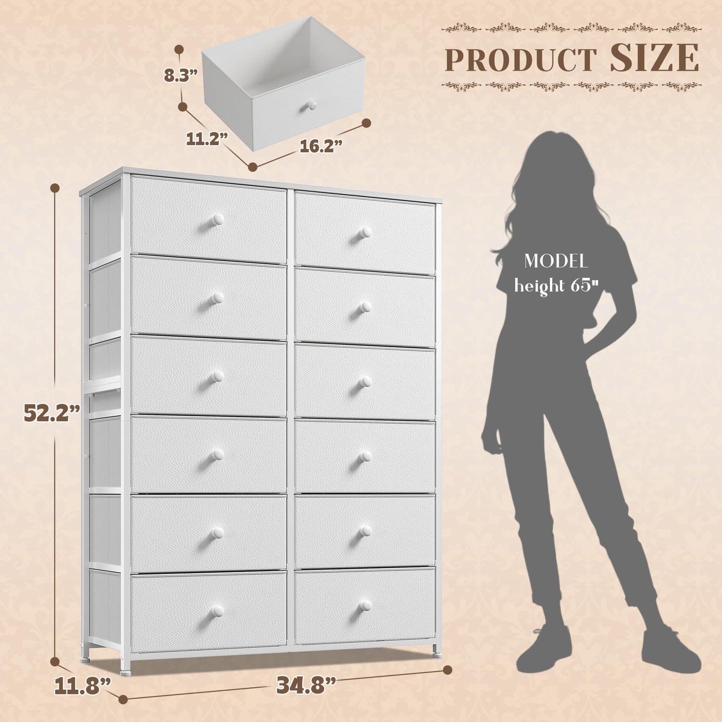 Romorgniz 12 Drawers Dresser for Bedroom, 52.2''H White Tall Dresser for Closet, Dressers & Chests of Drawers with Wooden Tabletop, Metal Frame, Dressers for Bedroom, Hallway,Closet, White