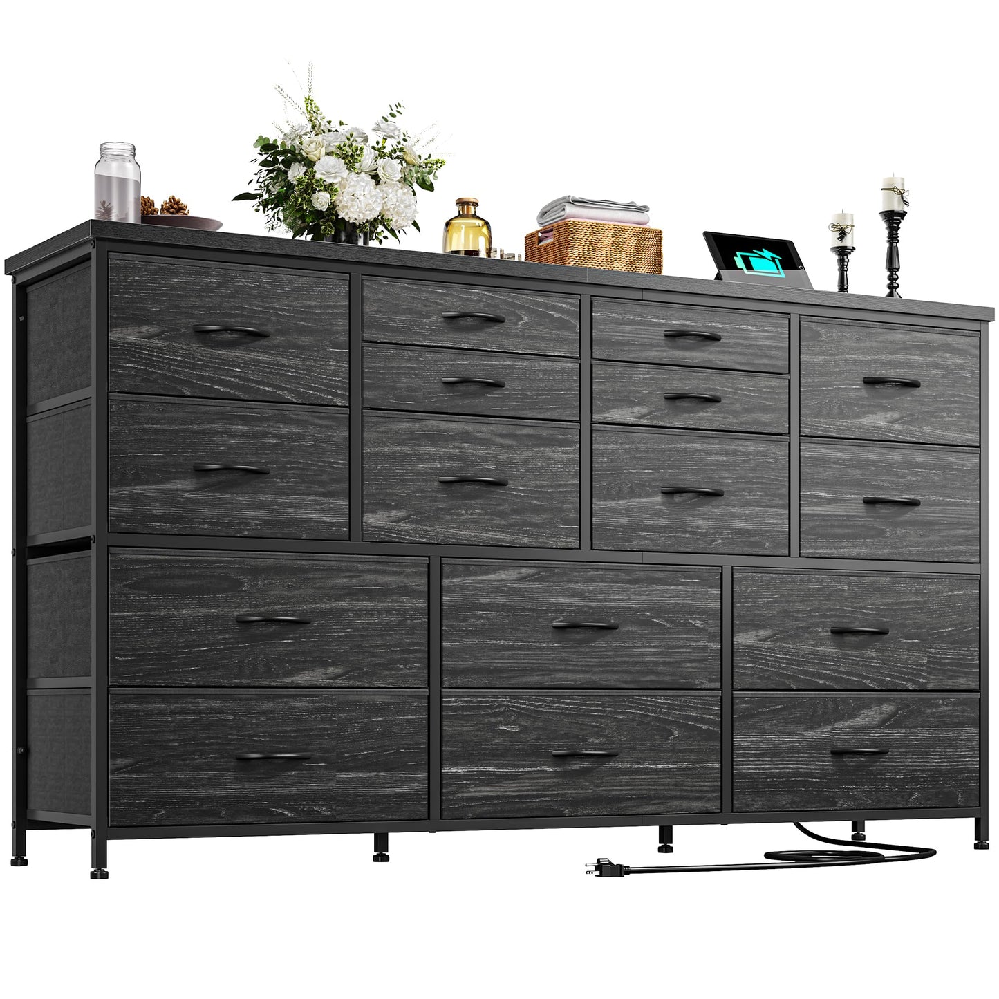 Romorgniz Dresser for Bedroom with 16 Fabric Drawers Long Dresser with Charging Station TV Stand for 60" TV Dressers & Chest of Drawers for Bedroom, Living Room, Closet, Black