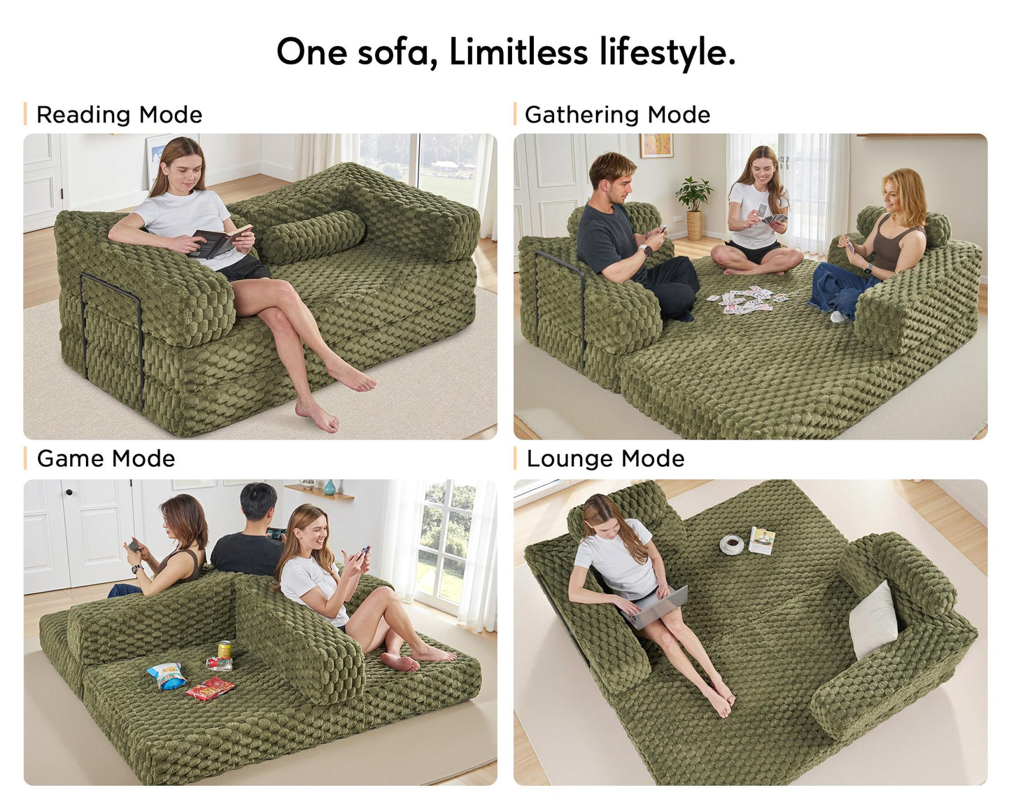 VanAcc Foldable Sofa Bed, Convertible Floor Sofa with Plush Faux Fur, No Assembly Mattress Couch for Living Room, Apartment, Bedroom, Green