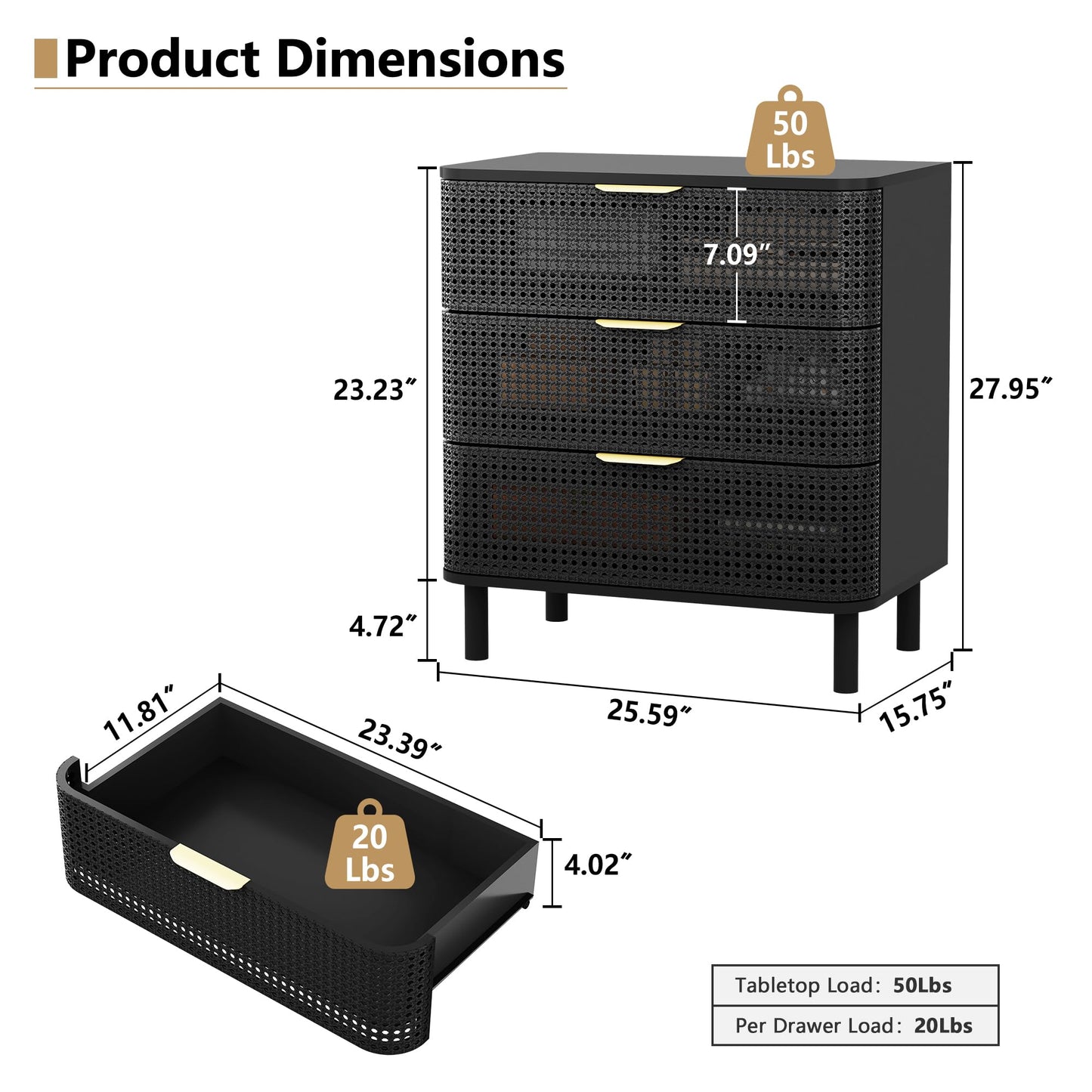 YZRSTY 3 Drawer Dresser for Bedroom, Modern Iron Closet Dressers Chest of Drawers, Boho Rattan Wide Dresser Nightstand with Storage Drawers for Living Room, Dressing Room, Entryway, Hallway