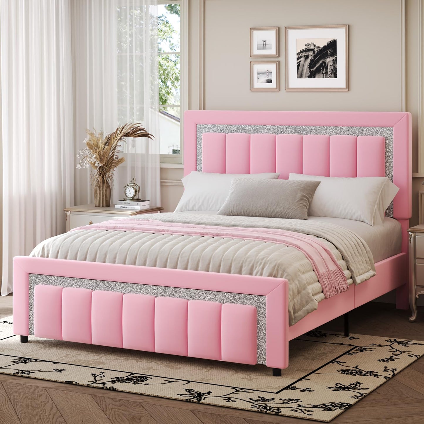 HOMBCK Queen Bed Frame, Upholstered Bed Frame with Diamond Headboard, Modern Queen Size Bed with Wooden Slats Support, Mattress Foundation, No Box Spring Needed, Easy Assembly, Pink