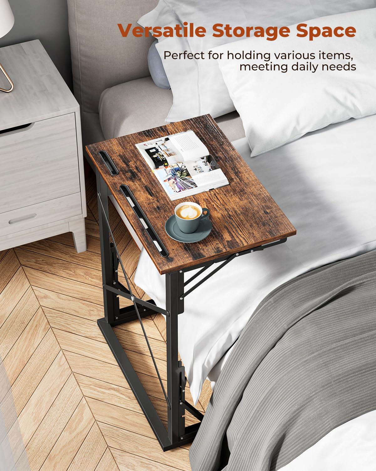 Evermagin 21''Wx28''H TV Tray Set of 2, Small Foldable C-Shaped End Table for Eating with Tablet and Phone Slots, Slide Under Couch Side Table for Recliner, Living Room, Bedroom, Rustic Brown