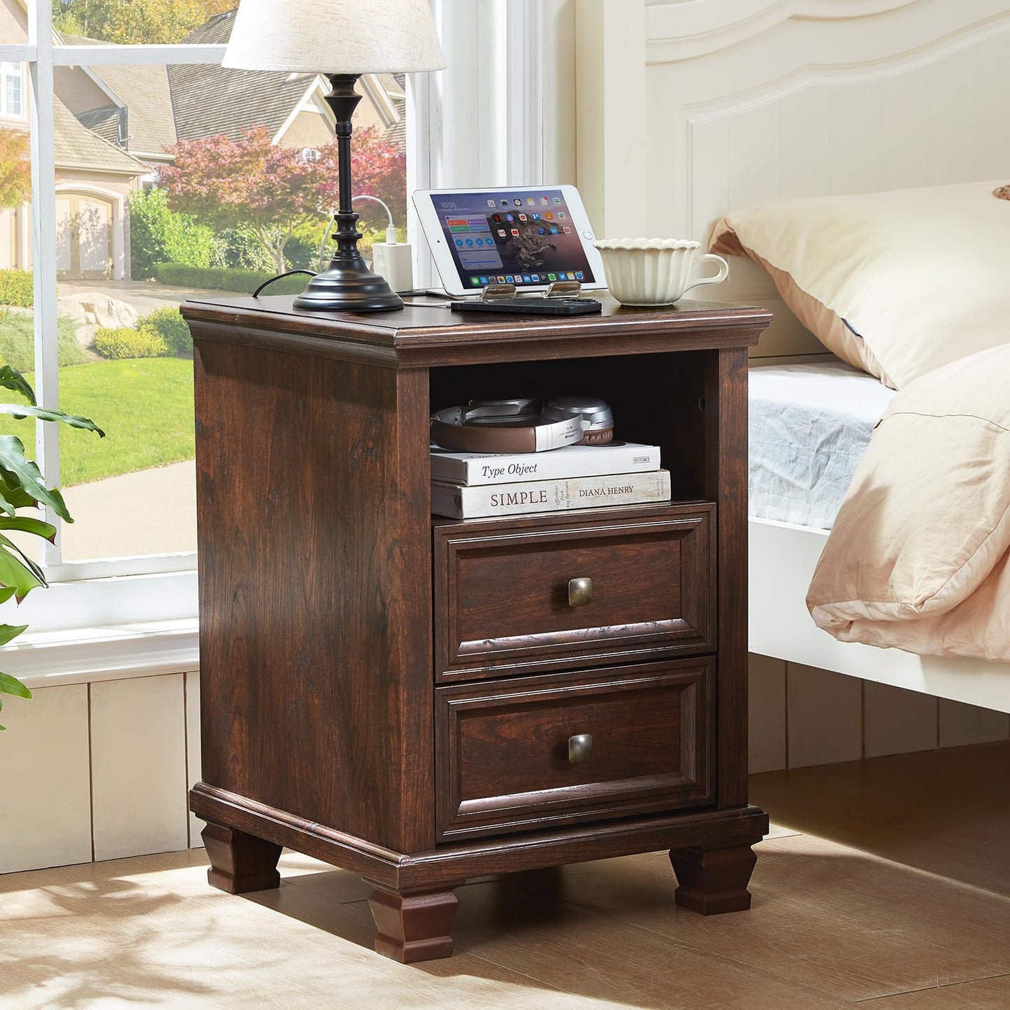 SAVOR LIFE Farmhouse Nightstand with Charging Station, Rustic Brown Nightstand,2 Drawers End Table for Living Room,Bedside Table with Open Shelf for Bed Room,Walnut