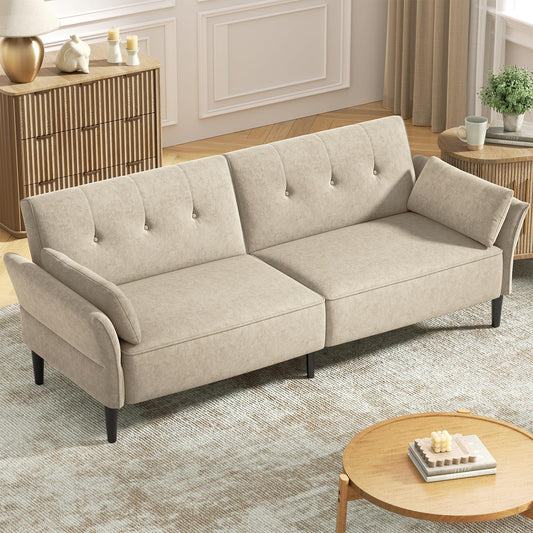 COPIAE 89” Futon Sofa Bed, Velvet Fabric Comfy Futon Couch Bed with 2 Square Pillows, Convertible Sleeper Sofa with Adjustable Backrest& Armrests, Modern Loveseat Sleeper for Living Room, Beige