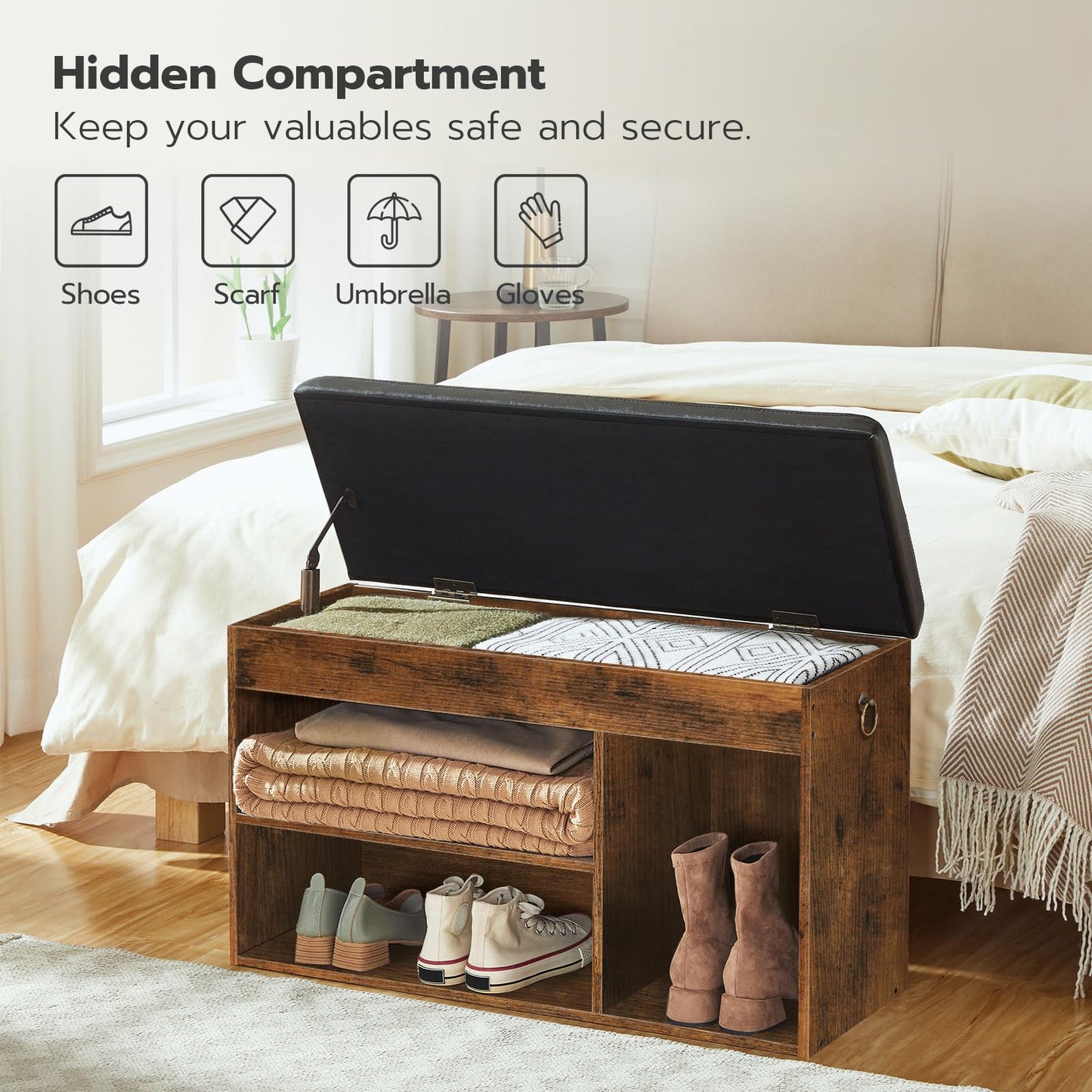 HOOBRO Shoe Storage Bench with Padded Cushion, Entryway Bench with Flip-Open Storage Box and Adjustable Shelf, Shoe Rack with Hidden Compartment, for Entryway, Living Room, Rustic Brown BF40HX01