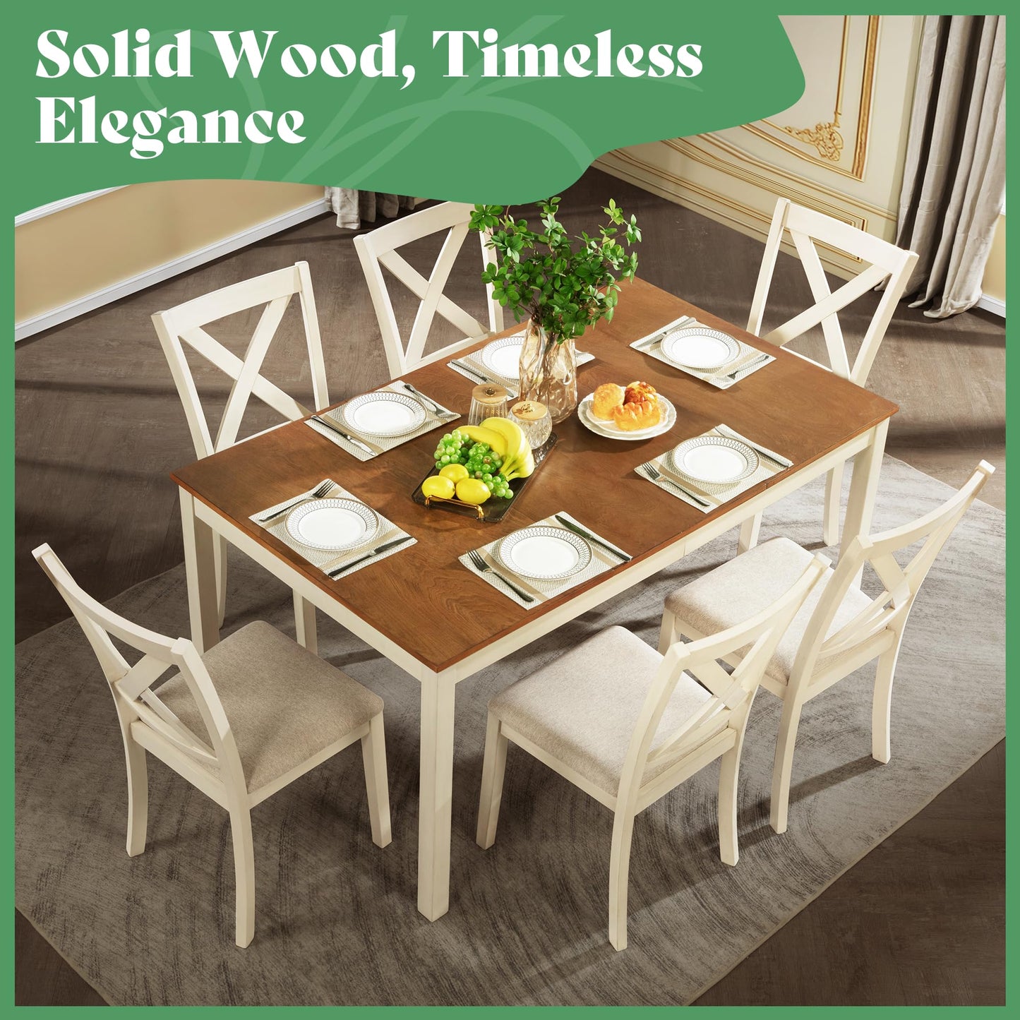 AMERLIFE 7-Piece Farmhouse Solid Wood Dining Table Set with 6 Upholstered Chairs, 60" Space Saving Dinner Table & Chairs Set, for Dining Room, Kitchen, Restaurant, Brown & White
