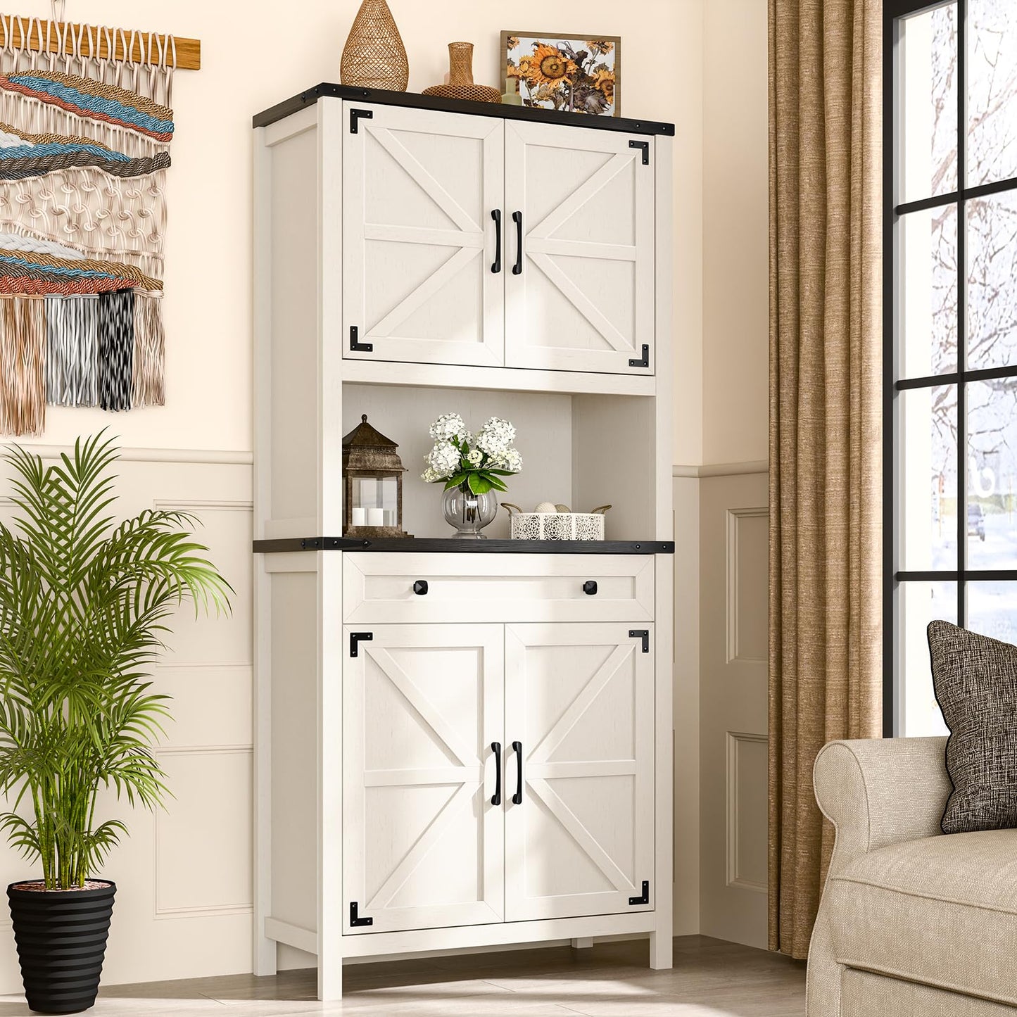Befrases 72" H Tall Farmhouse Storage Cabinet with Drawer, 6 Tier Kitchen Pantry Organize with 4 Barn Door and Adjustable Shelf, Microwave Stand for Kitchen, Garage, Living, Utility Room, Black