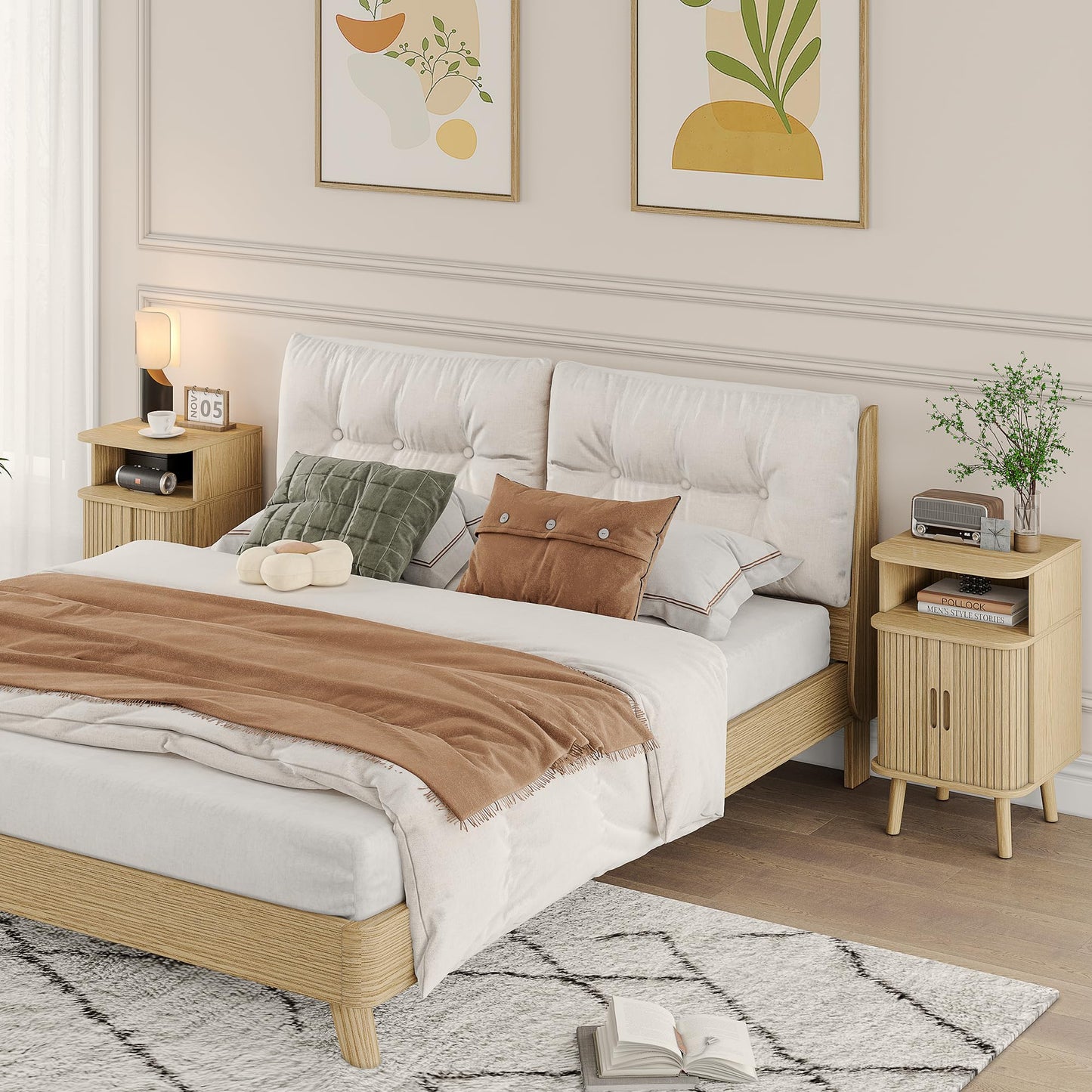 Alohappy Fluted End Table Set of 2, Mid Century Modern Nightstands with Sliding Tambour Door, Curved Round Edge Wood Bedside Table for Bedroom, Side Tables with Storage for Living Room, Natural Oak