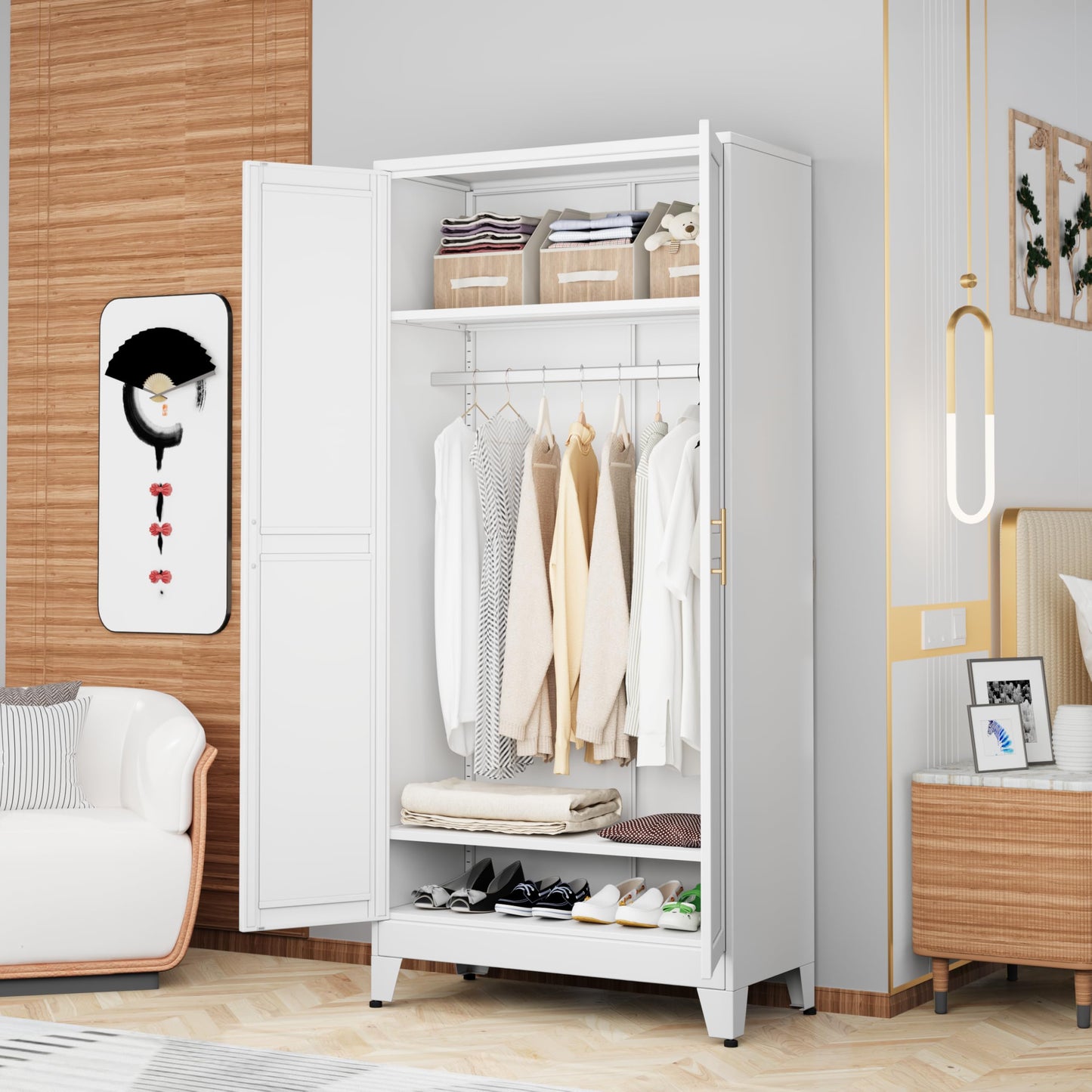 AUEYTVR Metal Armoire Wardrobe Closet Storage Cabinet with Hanging Rod,71'' Metal Wardrobe Cabinet with 2 Doors and 2 Adjustable Shelves for Bedroom, Laundry Room, Cloak Room