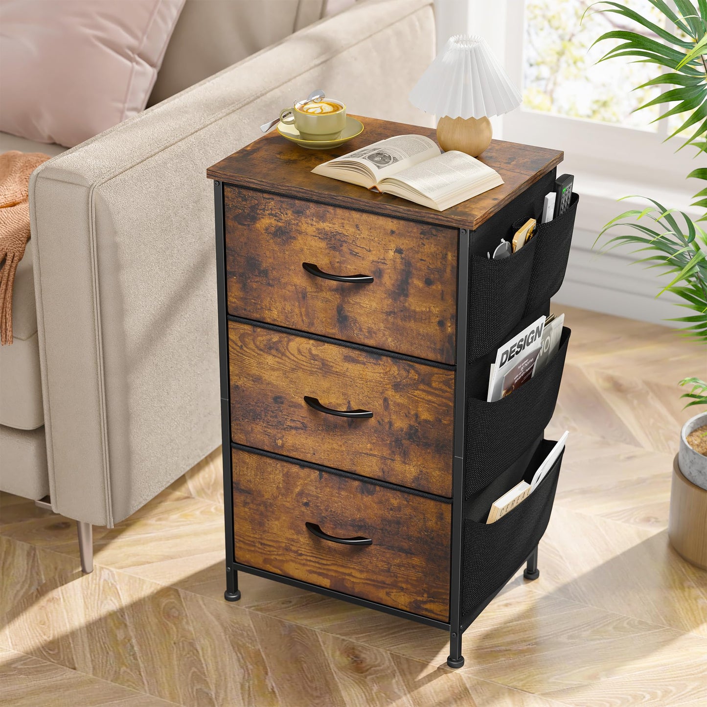 Night Stand Set 2, Night Stand with 3 Drawers for Bedroom, Bedside Table with Wooden Top, Sturdy Steel Frame End Table, Small Dresser for Bedroom, Entryway, Rustic Brown
