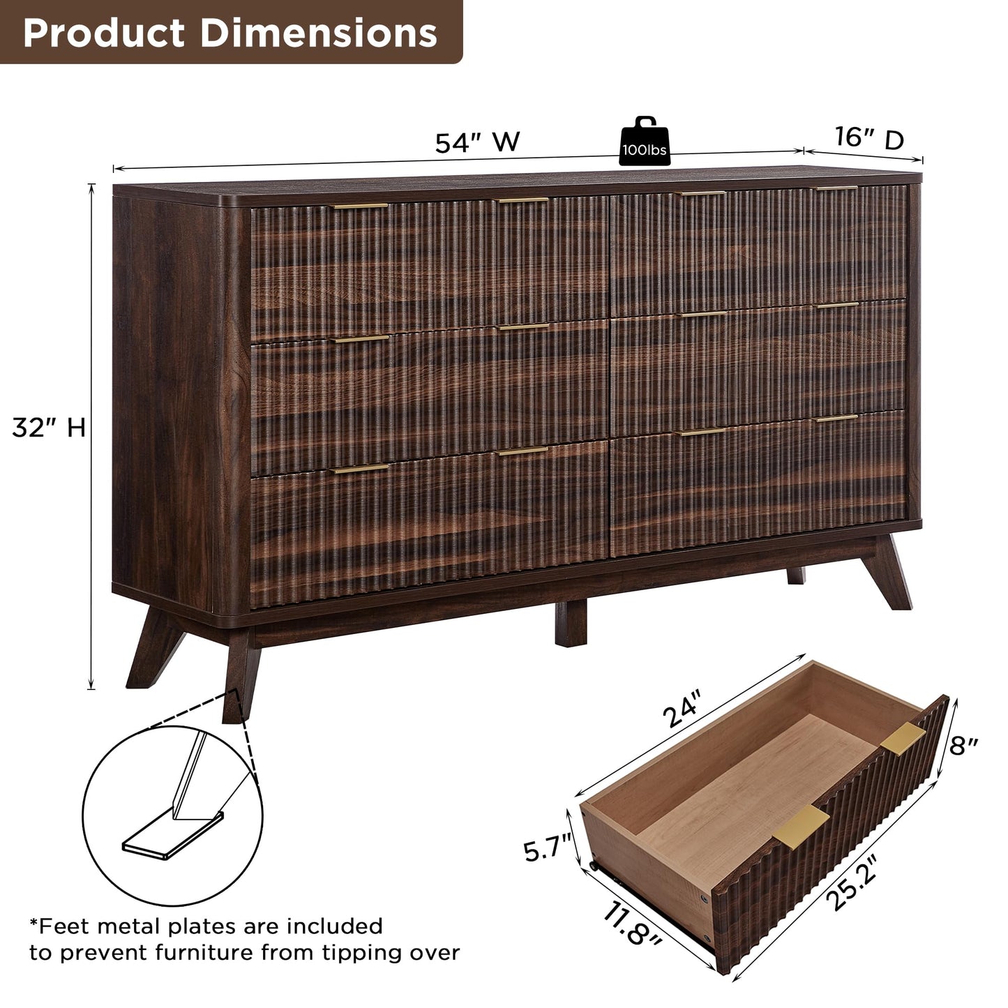 T4TREAM Fluted 6 Drawers Dresser, 54" Wide Modern Chest of Drawers, Curved Profile Design, Dresser TV Stand, Wood Drawer Organizer for Bedroom, Living Room, Hallway, Dark Walnut