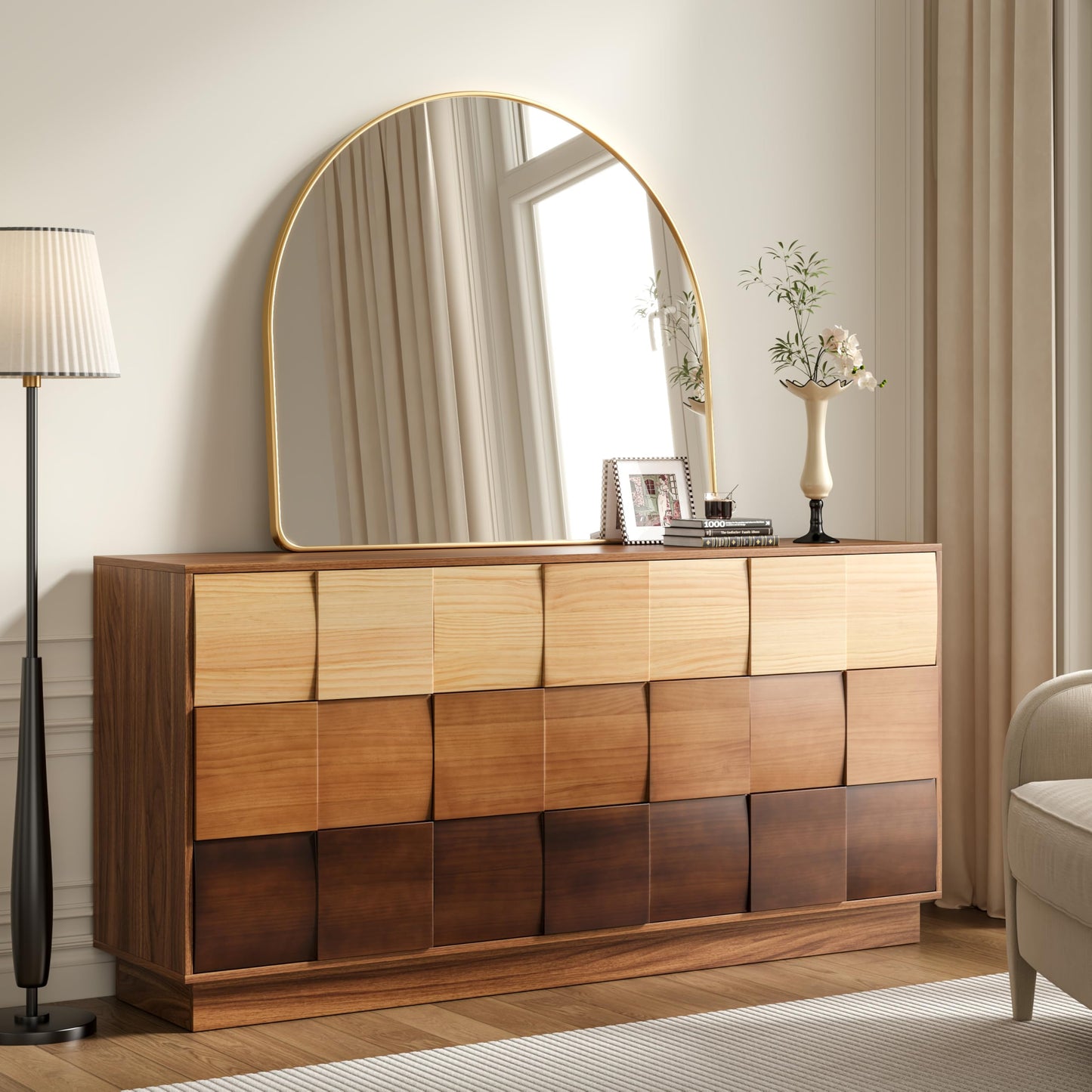 Lamohome 9 Drawer Dresser with Solid Wood Drawer Fronts, 65" Chest of Drawers Modern Wood Dresser with Artistic Gradient Finish for Bedroom & Living Room