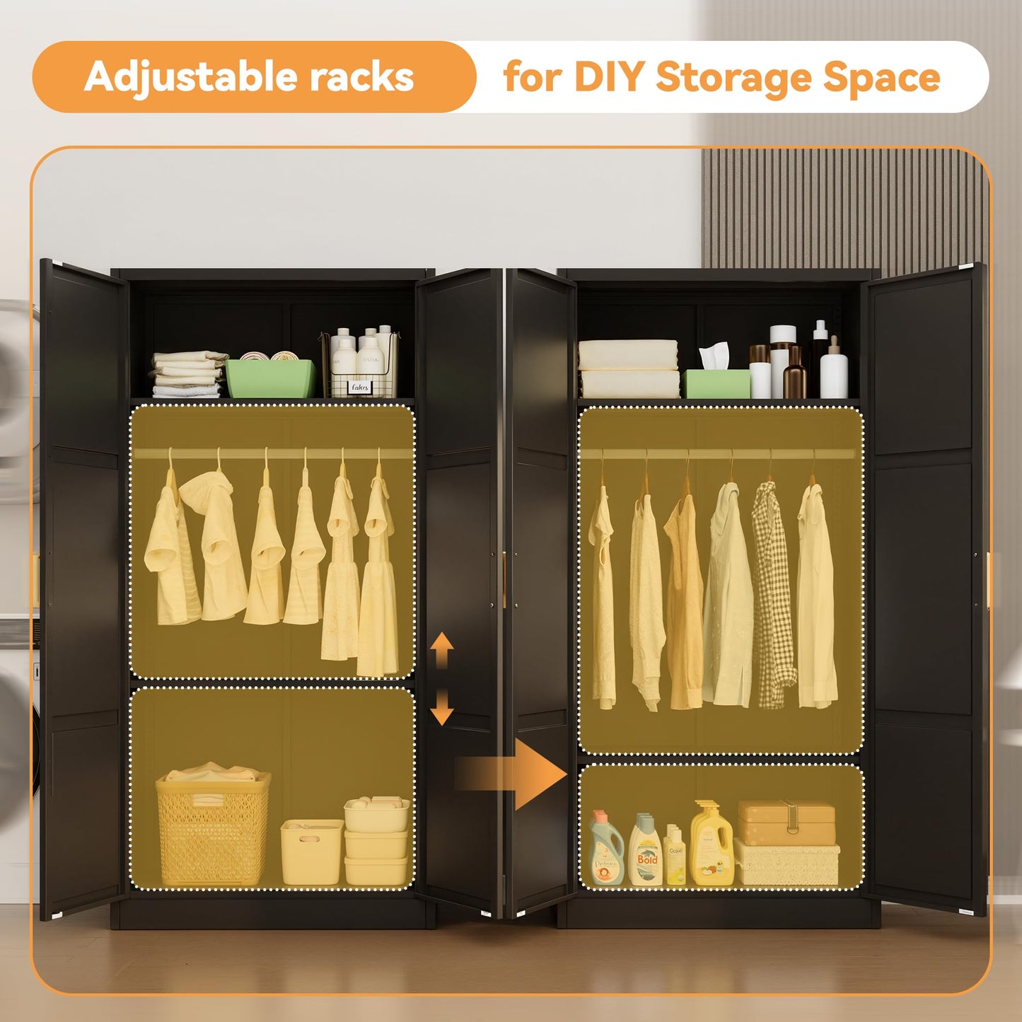 INTERGREAT Metal Storage Cabinet with Hanging Rail, Black Armoire Wardrobe Closet with 2 Doors,72" H Storage Closet Cabinets with Adjustable Shelves and Removable Hanging Rods