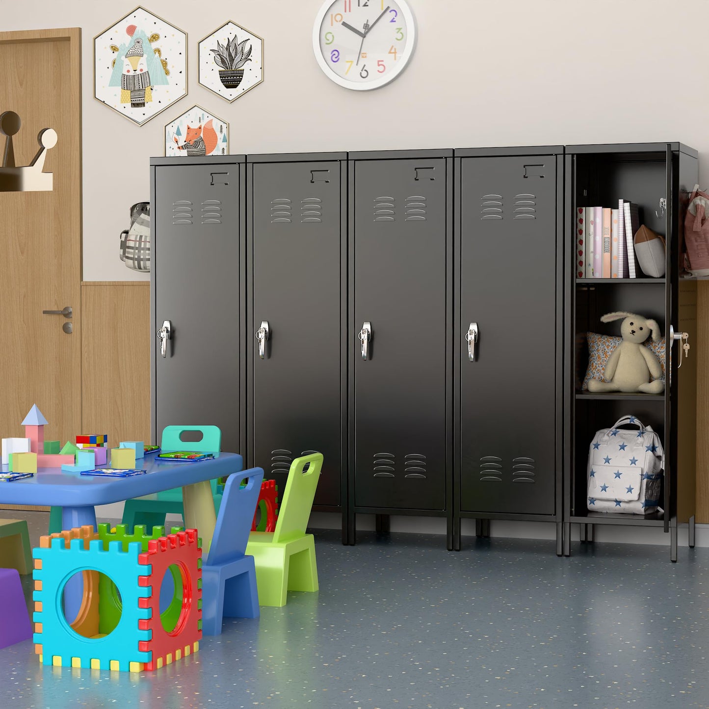 SUPEER Metal Lockers for Employees with Handle,Metal Storage Locker with 2 Pegboard & 5 Hooks for Gym, School, Office,Home,Garage,Black