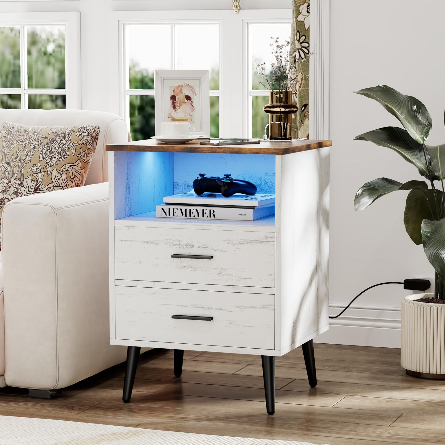 Lareth Nightstand with Charging Station and LED Lights, 25.6" H x 15.7" D Farmhouse Wooden End Table with 2 Drawers, Smart Bedside Table for Bedroom, Small Space, Antique White