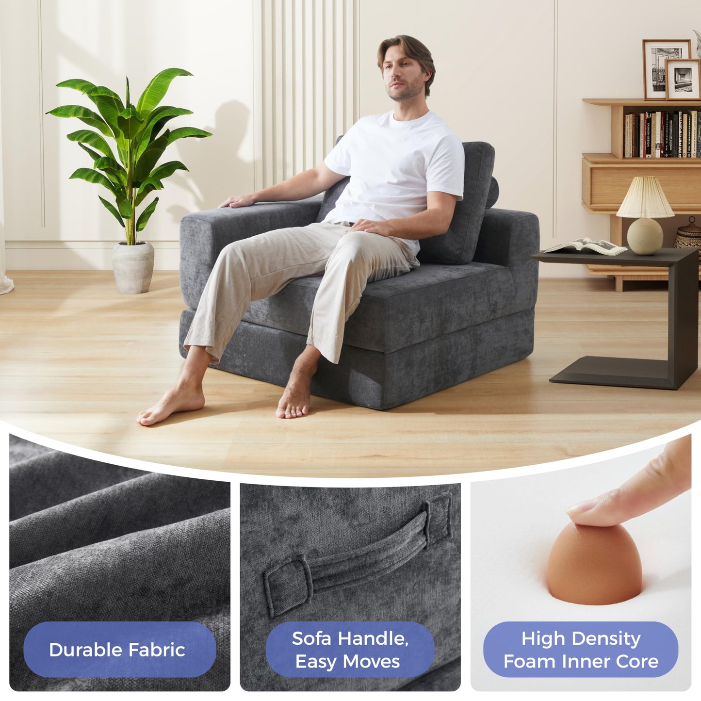 Jamdok 8 Inch Thick Upgraded Folding Mattress, L-Shaped Armrest Sleeper Chair Sofa, Floor Guest Bed, High Density Foam Couch,Gray (Right-Armrest)
