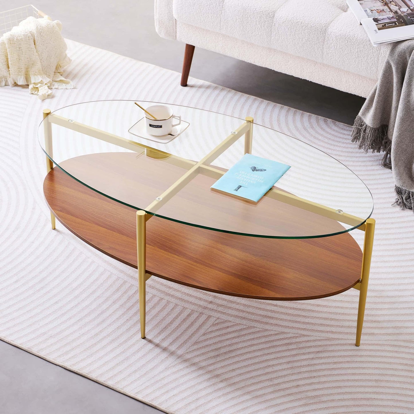 LumFurn Oval Glass Coffee Table, Mid-Century Modern Design, L43 x W22 x H17 inch, 2-Tier Structure, Olive Shaped Clear Glass Top and Walnut Finish Wood Shelf, Tapered Legs with Gold Finish Frame
