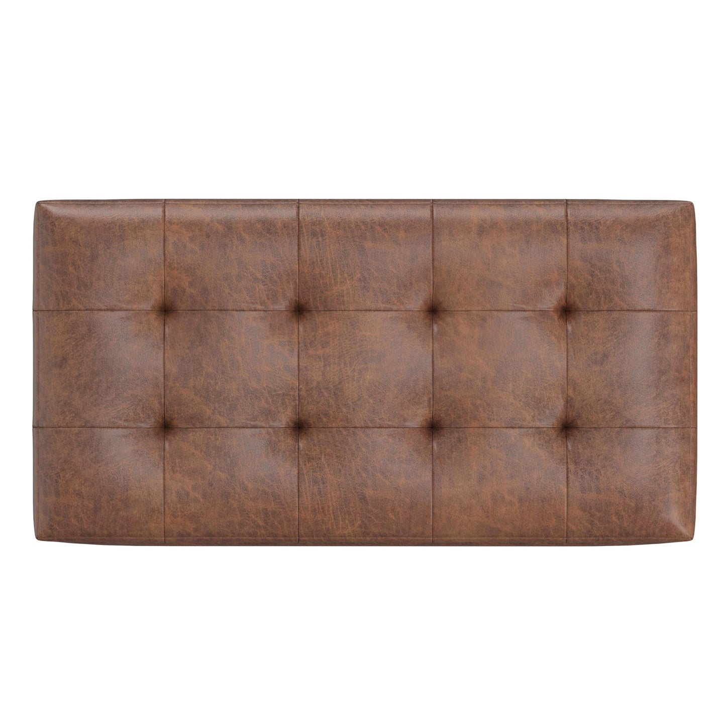 SIMPLIHOME Cosmopolitan 34 inch Wide Transitional Rectangle Storage Ottoman in Distressed Saddle Brown Vegan Faux Leather, Assembled, For the Living Room, Entryway and Family Room