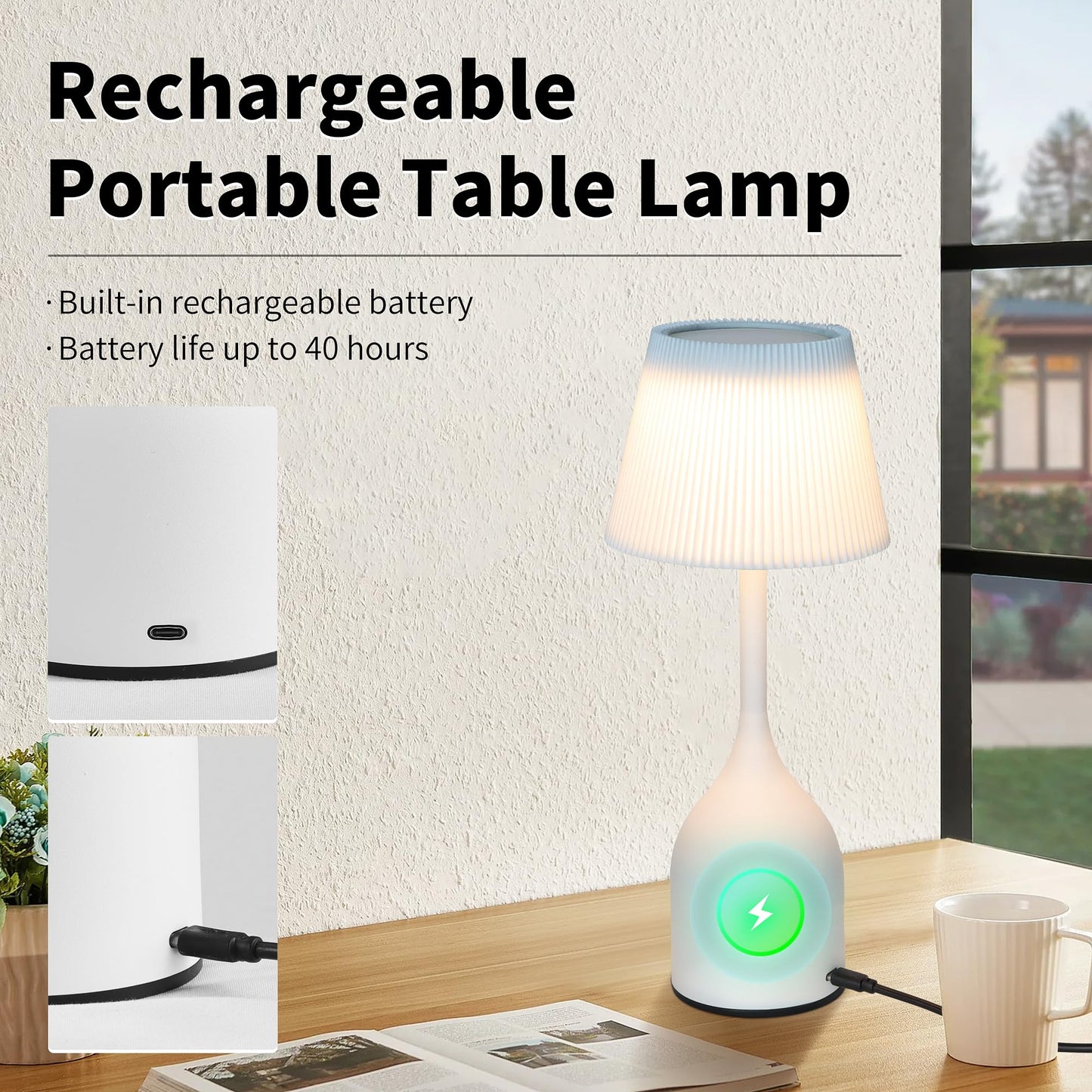 Mr. White Rechargeable Cordless Table Lamp with 2-Pack Lampshades, 5200mAh Battery & Touch Control, 12-inch Dimmable LED Table Light for Patio Restaurant Kitchen Dining (White)