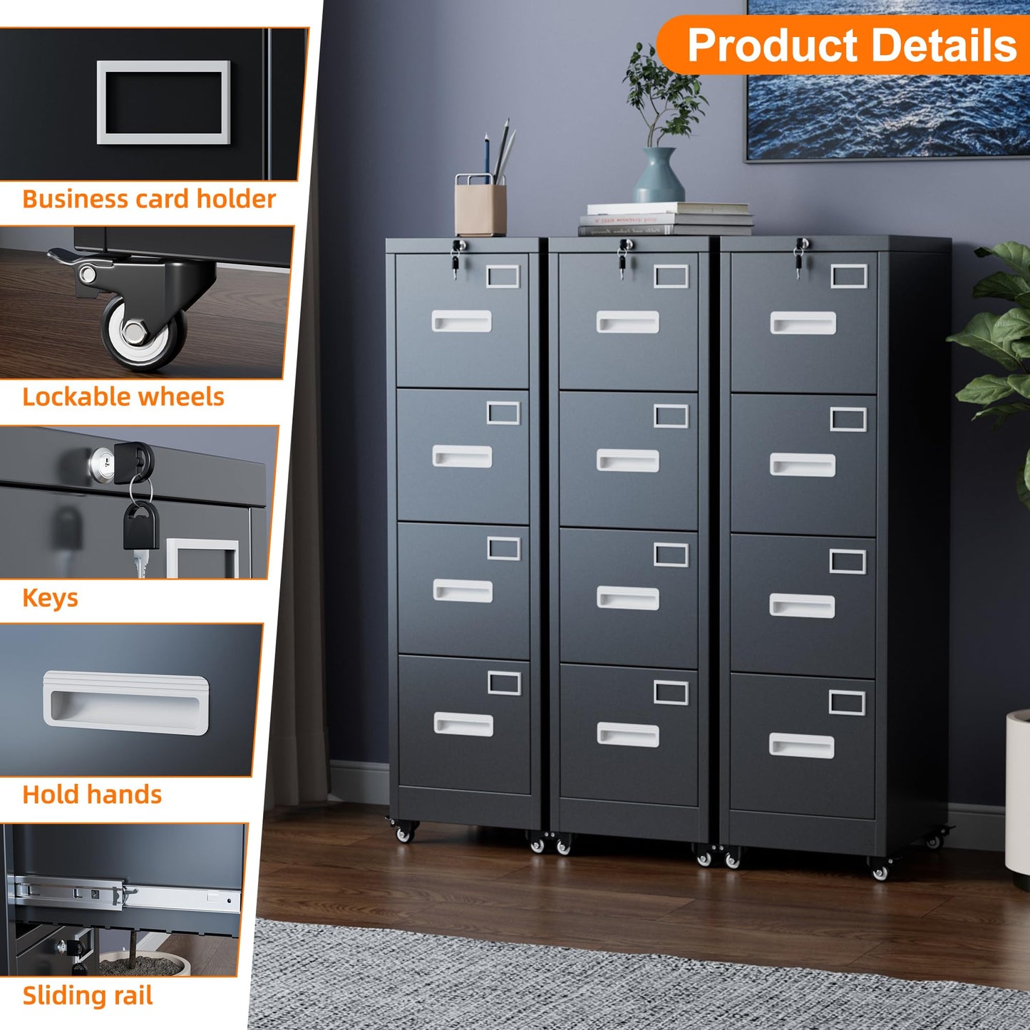 Aobabo 56" H 4 Drawer Moblie Office File Cabinet with Lock, Rolling Metal Filing Storage Cabinet, Legal/Letter A4 Sizel, Black, Assembly Required