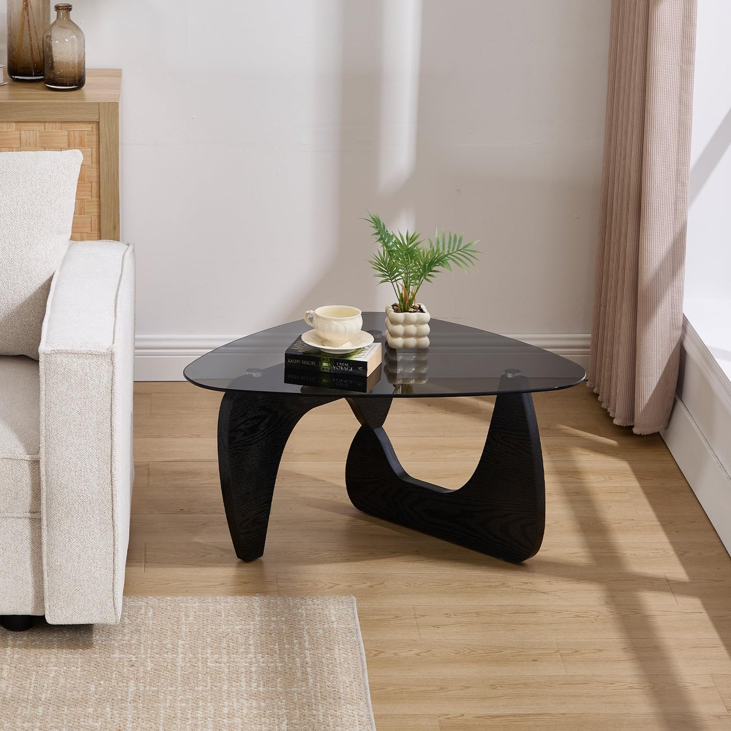 Hyfirm Small Glass Coffee Table, 32.5" Black Triangle Center Table with Solid Wood Base Abstract Contemporary Coffee Table for Living Room Office Patio, Grey