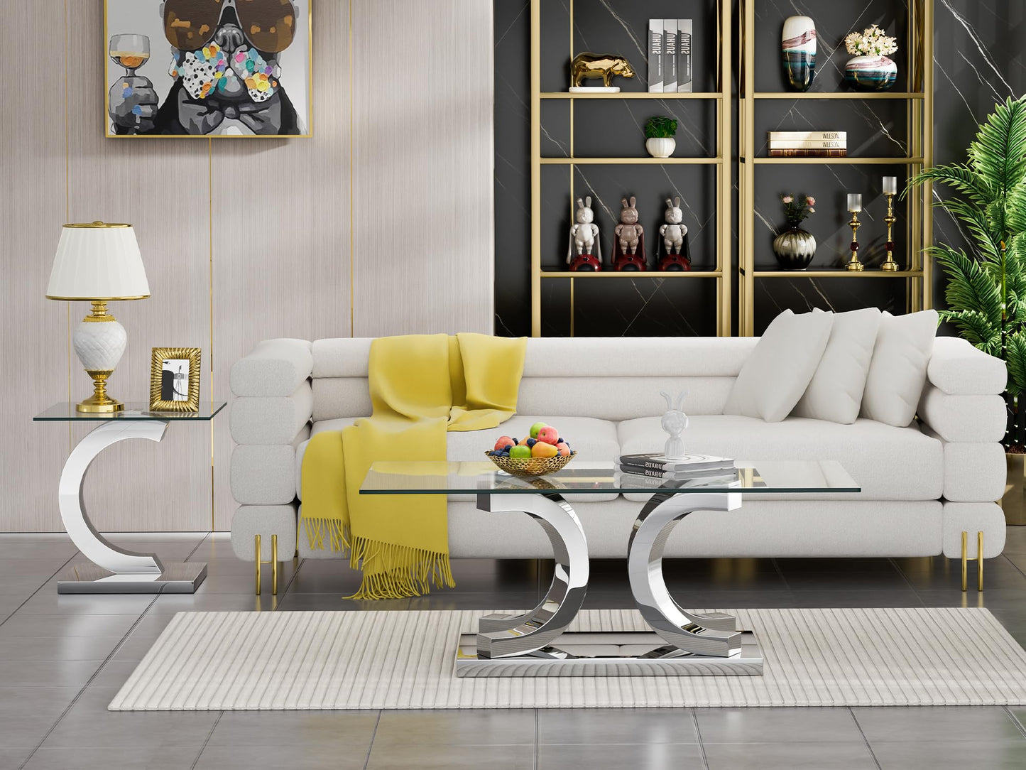 Henf 47" Glass Coffee Table Modern Glass Center Table, Luxury Rectangular Cocktail Table Accent Sofa Table with Tempered Glass Top and Silver Mirrored Stainless Steel Base for Living Room Apartment
