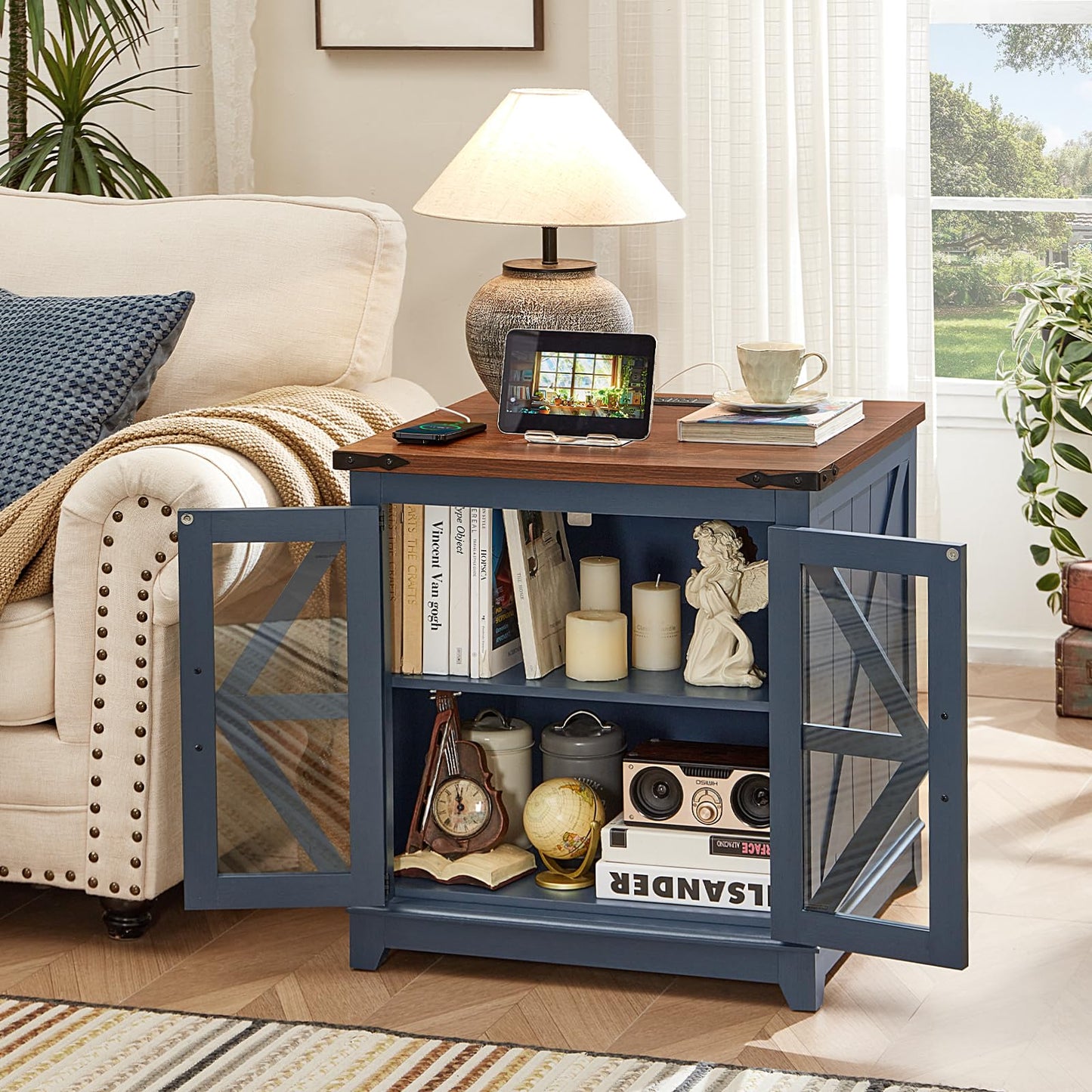 Joaxswe Farmhouse End Table with Charging Station, 24" Large Sofa Side Table with Glass Barn Door, Blue Nightstand with Adjustable Storage Shelf,Wood Square Bedside Table for Living Room,Bedroom
