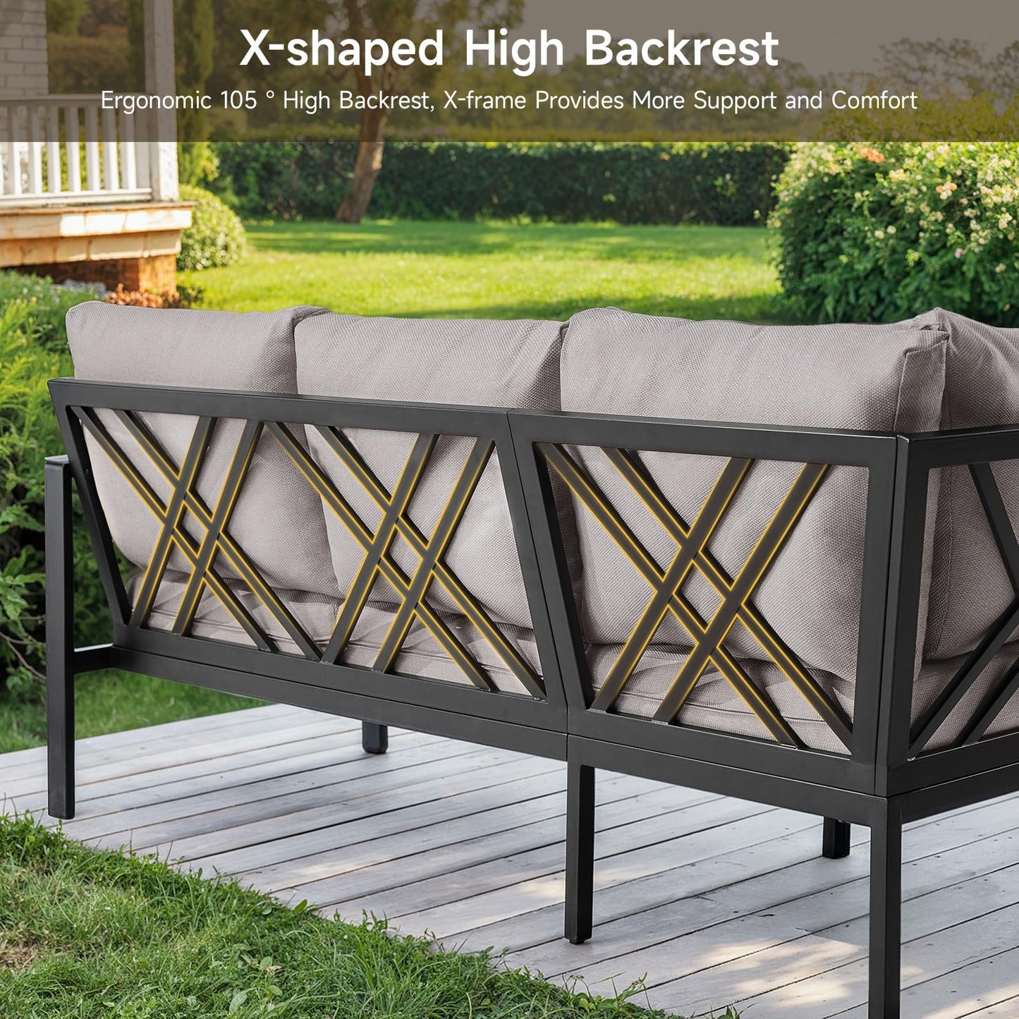 Patio Furniture Set, 6-piece Metal Sectional Furniture Sofa with Coffee Table, L Shaped Outdoor Couch with Olefin Cushion, Highback Frame, Outdoor Patio Conversation Sets for Balcony Backyard, Grey