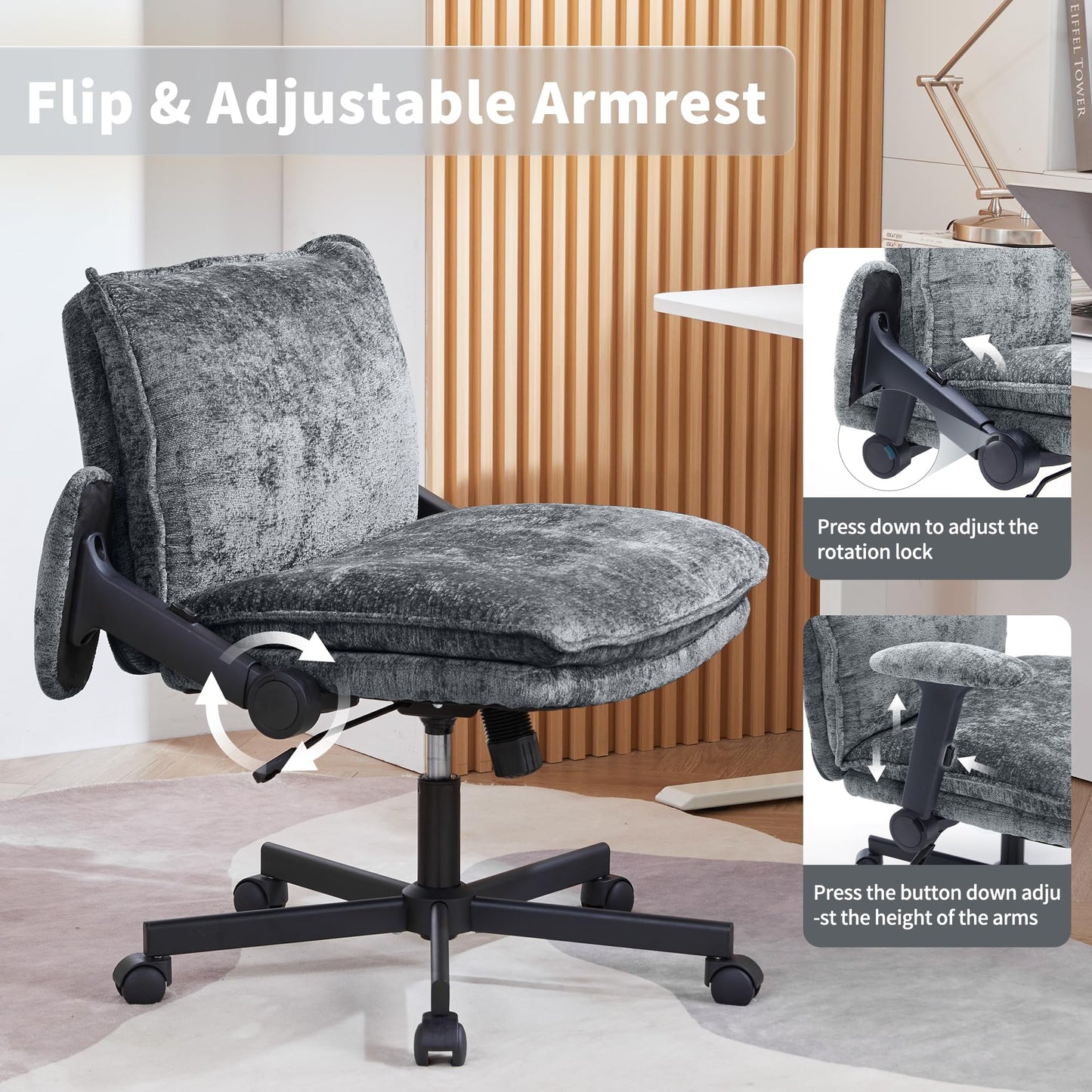 FanciSpot Cross Legged Office Chair with Wheels and Adjustable Flip-Arms, Criss Cross Desk Chair with Thick Cushion, Wide Seat Chair for Home Office, Apartment, Bedroom, Grey