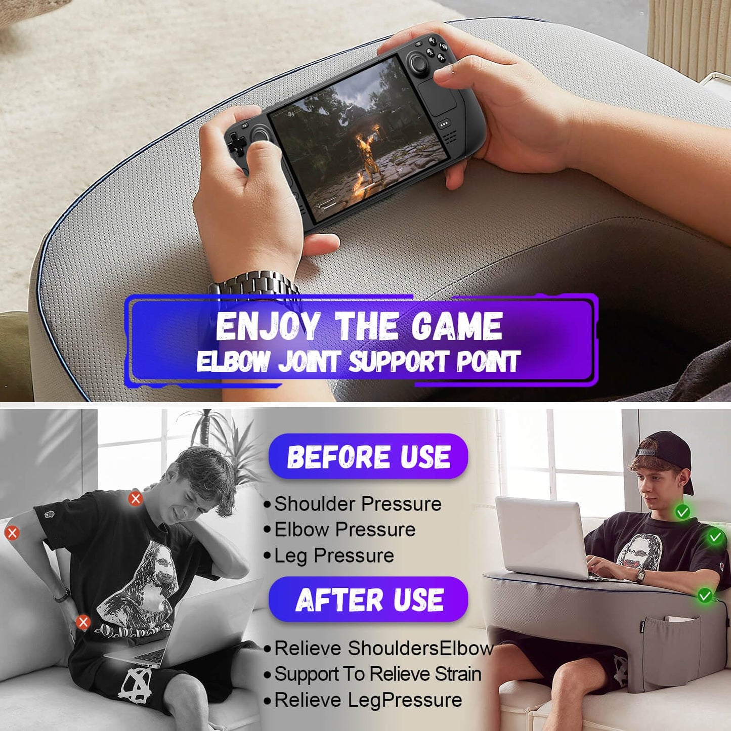 cooloo8 Reading Pillow for Gaming, Extra Large Laptop Pillow for Adult, Memory Foam Lap Desk Gaming Pillow for Reading, Working, Playing Steam Deck Switch or Sitting in Bed Floor Sofa(Grey)