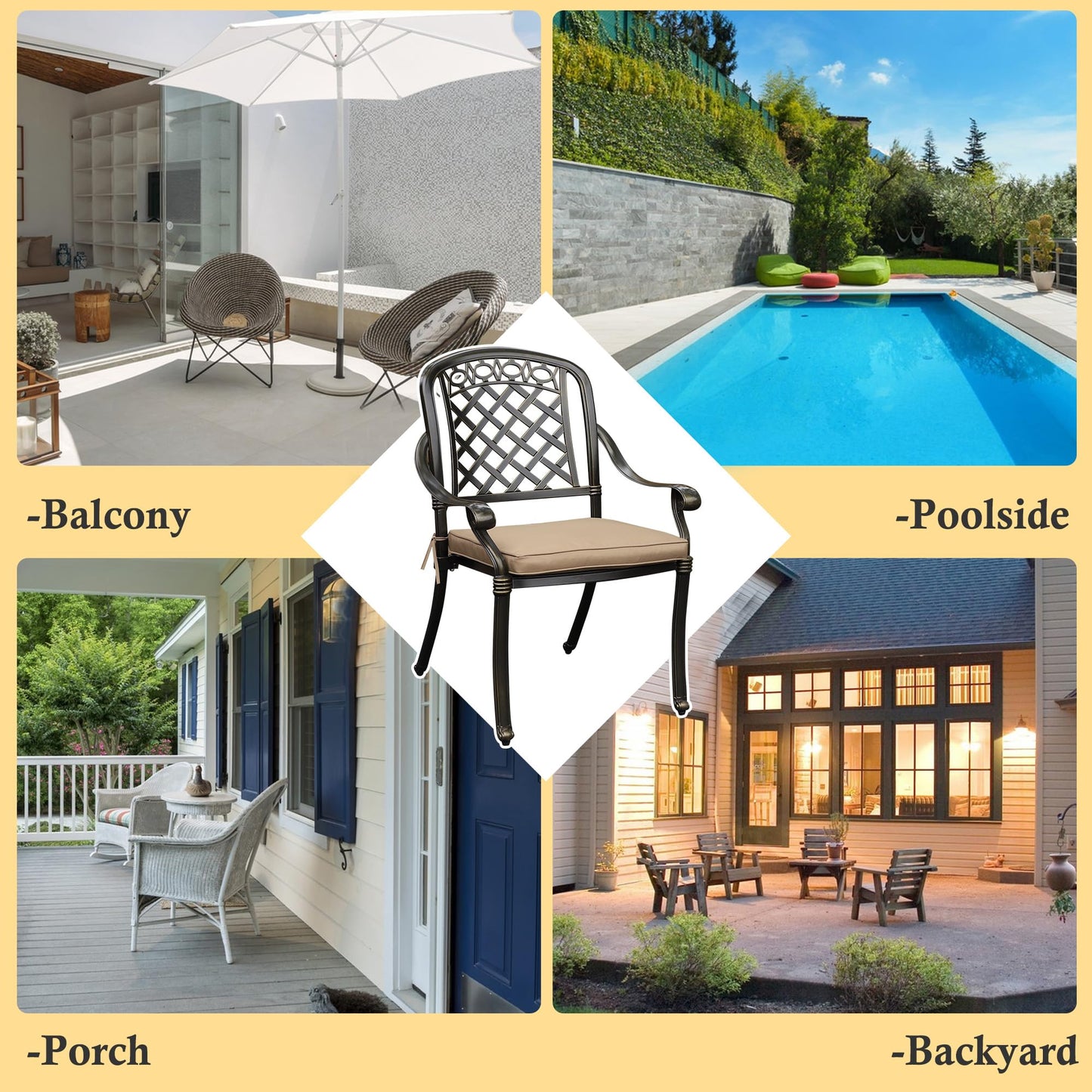 Sumshadow 2-PCS Cast Aluminum Patio Dining Chairs, All Weather Patio Bistro Dining Chairs Set of 2 with Armrests & Cushion, Stackable Patio Dining Chairs for Garden, Balcony, Deck, Bronze