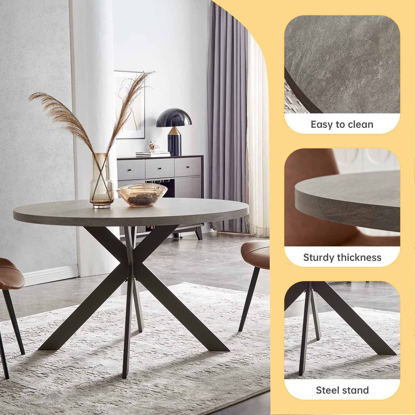 Zerifevni 45.3" Round Dining Table Set, Mid Century Modern Round Dining Table for 4-6 Person, Steel Legs, Leisure Coffee Table for Kitchen Dining Room, Save Space