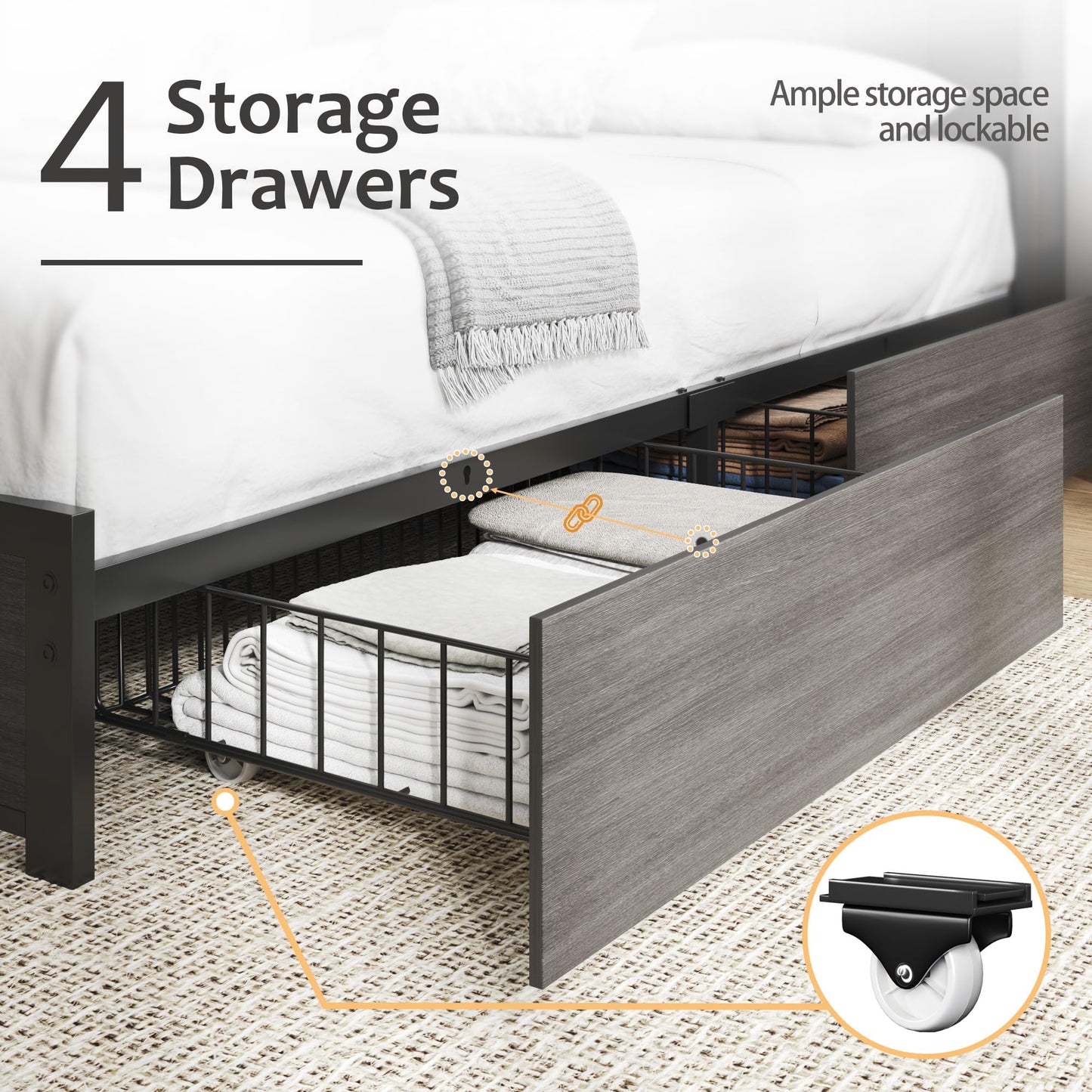 HISOFT Queen Bed Frame with Storage Headboard, Wood Bed with High Storage Bookcase, 4 Drawers & LED & Charging Station,No Box Spring Needed/Noise Free/All-Metal Support, Rustic Grey