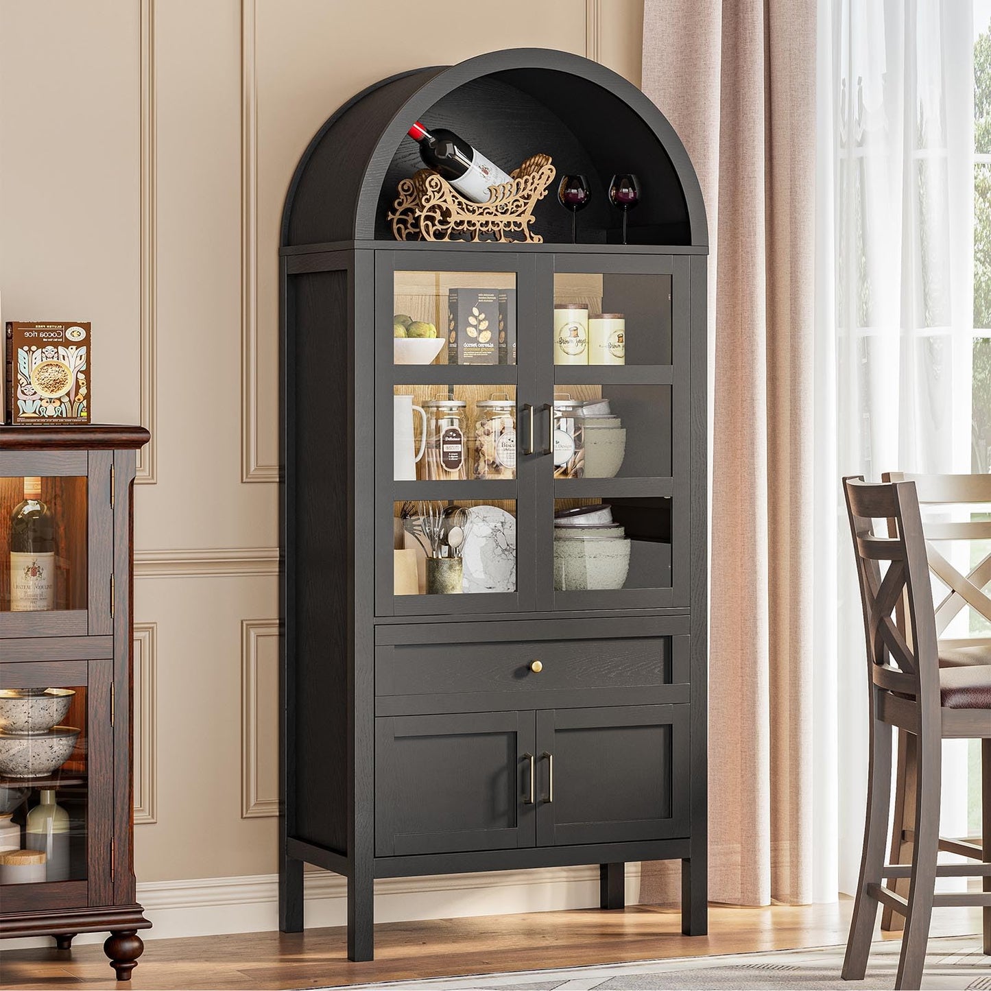 OTDMEL 71" Display Arched Storage Cabinet with Glass Doors & Auto Sensor LED Lights, Tall Modern Black Storage Cabinets with Drawers and Adjustable Shelves for Dining Room/Bathroom/Kitchen/Office