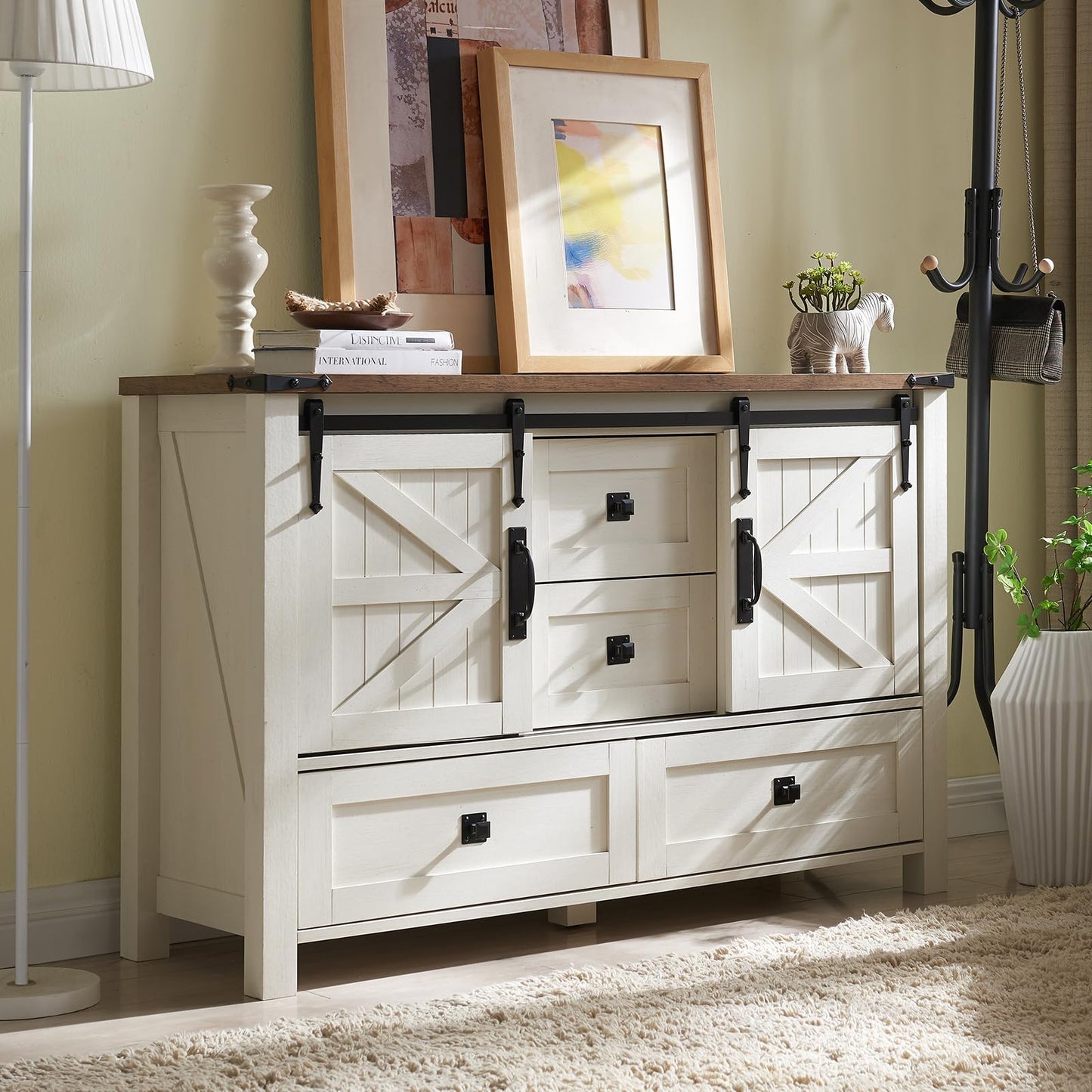 T4TREAM Farmhouse Dresser for Bedroom w/4 Drawers & Sliding Barn Doors, 48'' Wide Chest of Drawers, Rustic Dresser TV Stand w/Shelf, Organizer for Bedroom, Living Room, Entryway, Antique White