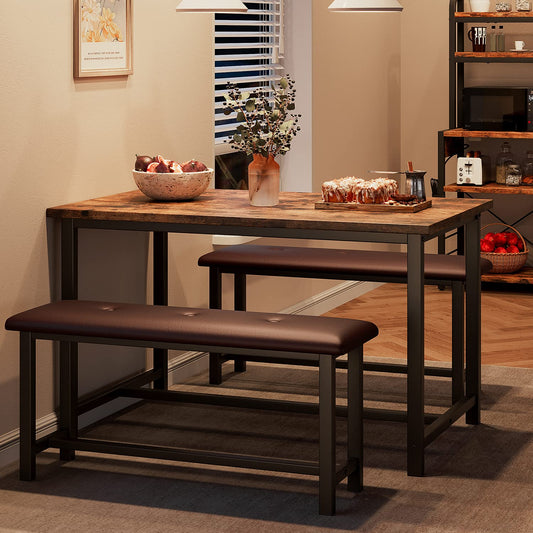 Alkmaar Kitchen Table Set with 2 Upholstered Benches for 4, Dining Room Metal and Wood Rectangular Table Set for Small Space, Apartment, Retro Brown