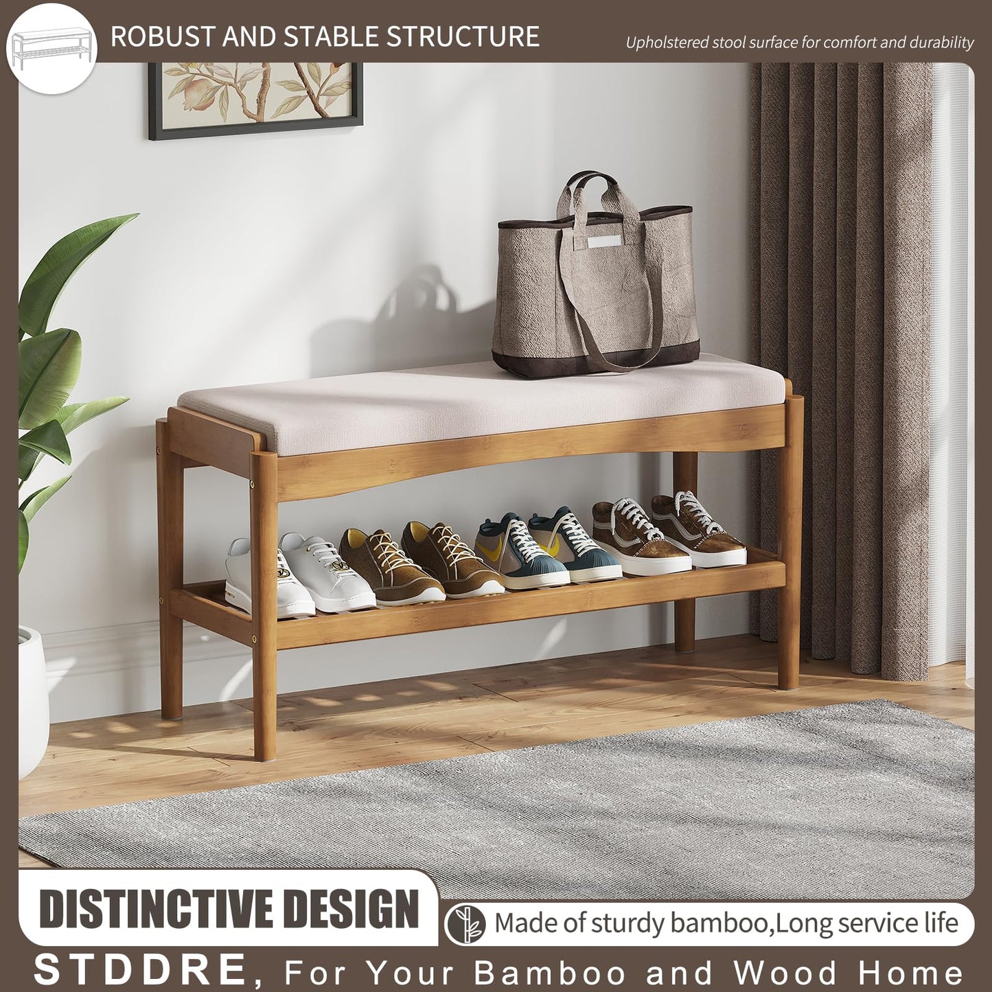 STDDRE Shoe Bench Entryway Bamboo 2-Tier Shoe Rack with Cushion Padded Seat Shoe Bench Organizer Stable for Entry, Hallway, Living Room, Bedroom, Closet (31.5 * 11.4 * 16.5IN, Brown-Beige)