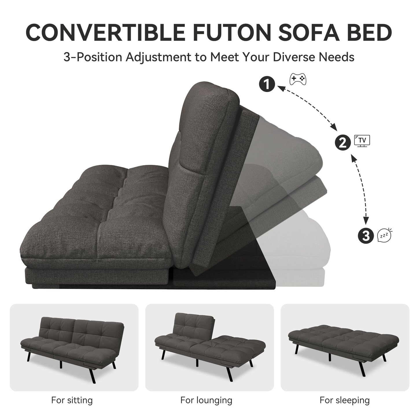 Vipbear 71" Convertible Futon Sofa Bed,Linen Fabric Futon Couch with Detachable Cushion,Adjustable Backrest & Armrest,Modern Loveseat Sleeper Recliner for Living Room,Office,Apartment,Dark Grey