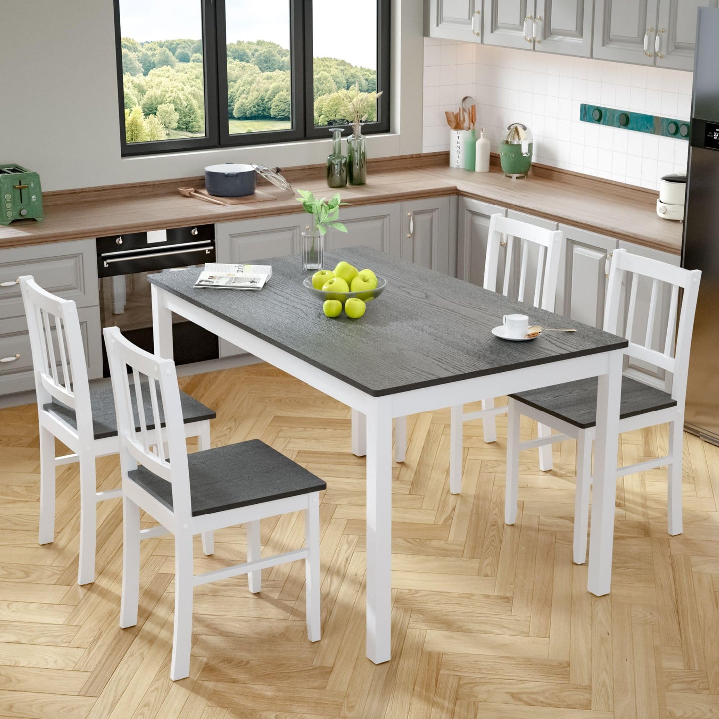 MU Dining Table Set for 4, Space-Saving Kitchen Table and 4 Chairs with Rubber Wood Legs, Farmhouse 5-Piece Dinette Set for Dining Room, Kitchen, Restaurant, Grey