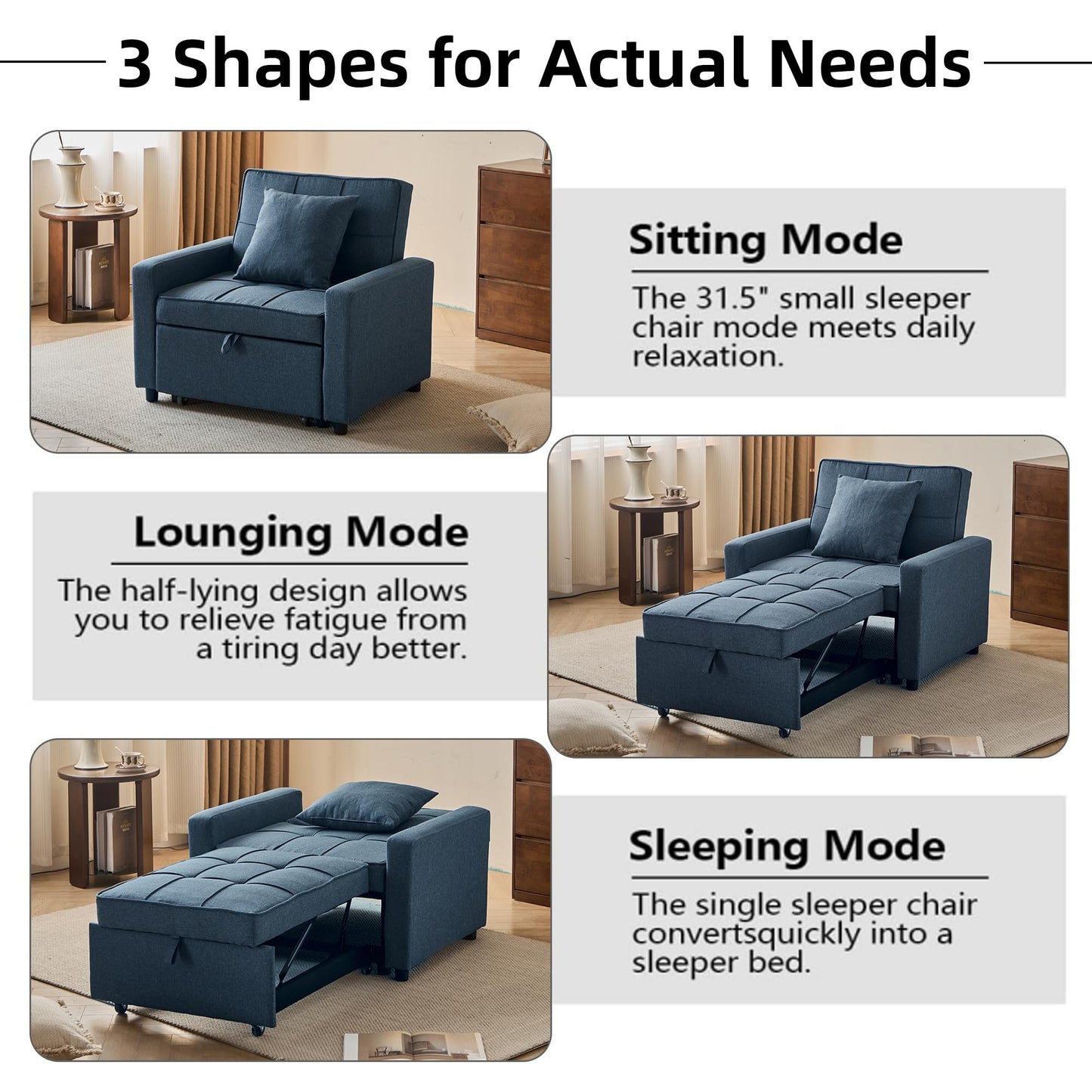 Yosonch Sofa Bed Chair Convertible ，Sleeper Sofa with Pull-Out Bed ，3-in-1 Futon Couch with Reclining Backrest and Side Pocket (Blue, 35.6‘)