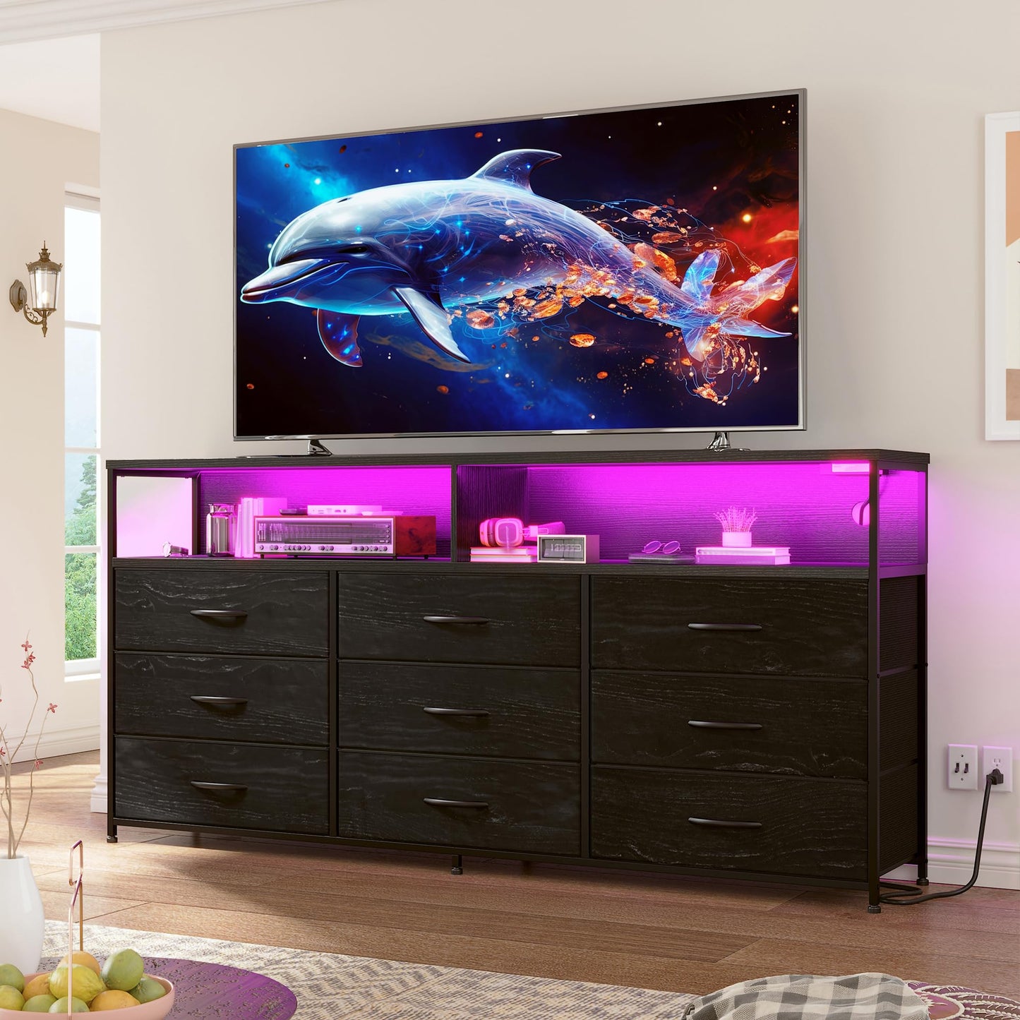 EnHomee 55” W Black Dresser for Bedroom with Charging Station & LED, 65" TV Stand for Bedroom with 9 Fabric Drawers, Sturdy Chest of Drawers with Open Storage Shelves for Closet, Living Room